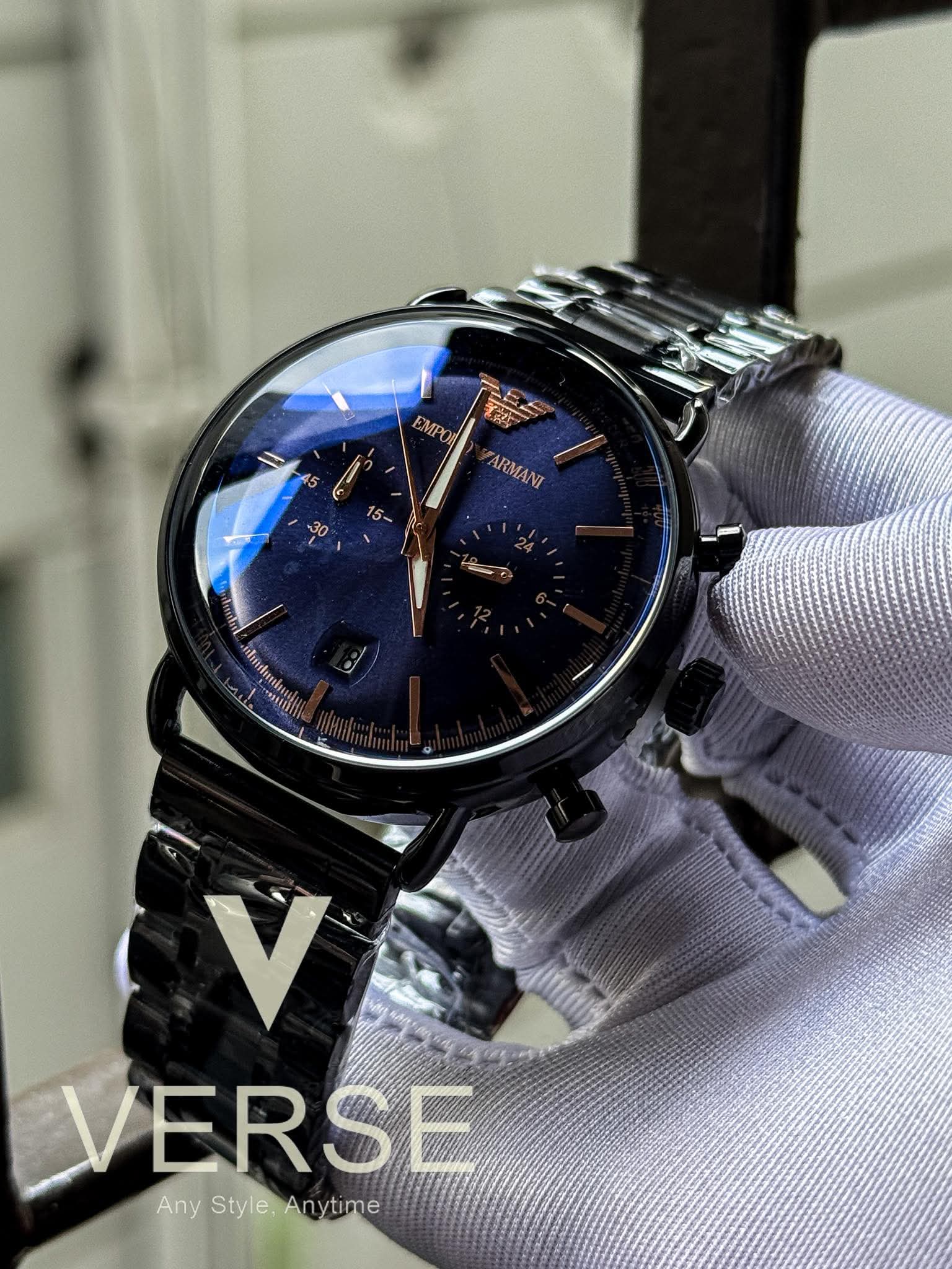 Armani Luigi Chronograph | Black Chain Blue Dial Rose Gold Digits - AA - VERSE - 