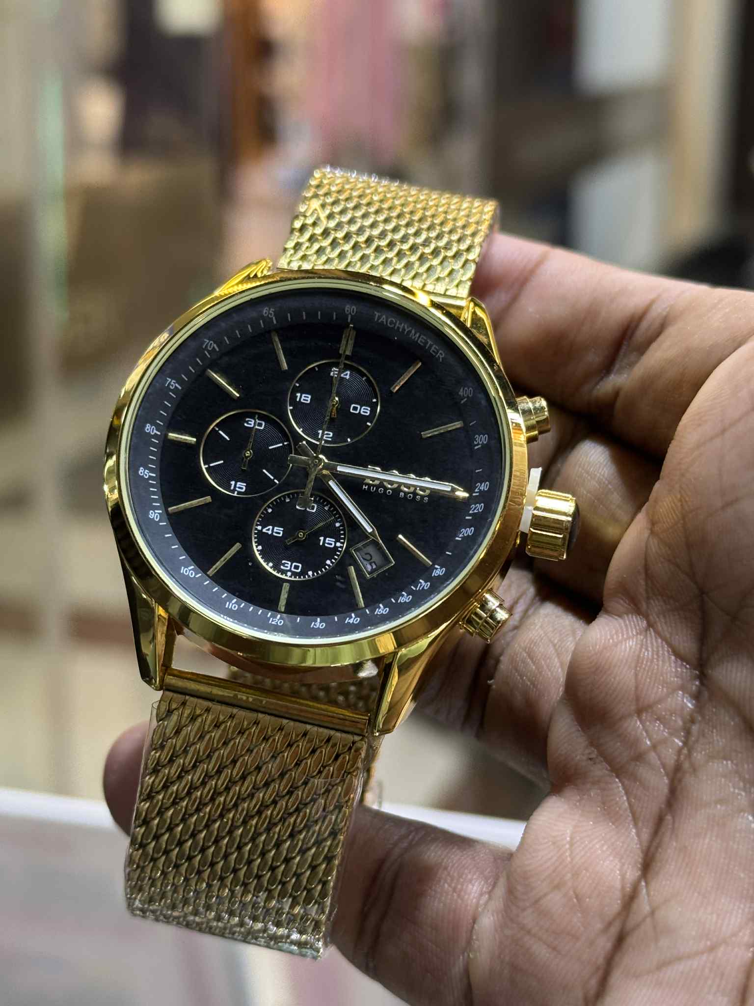 Boss Chronograph Golden Mesh Chain Black Dial AA - VERSE - 