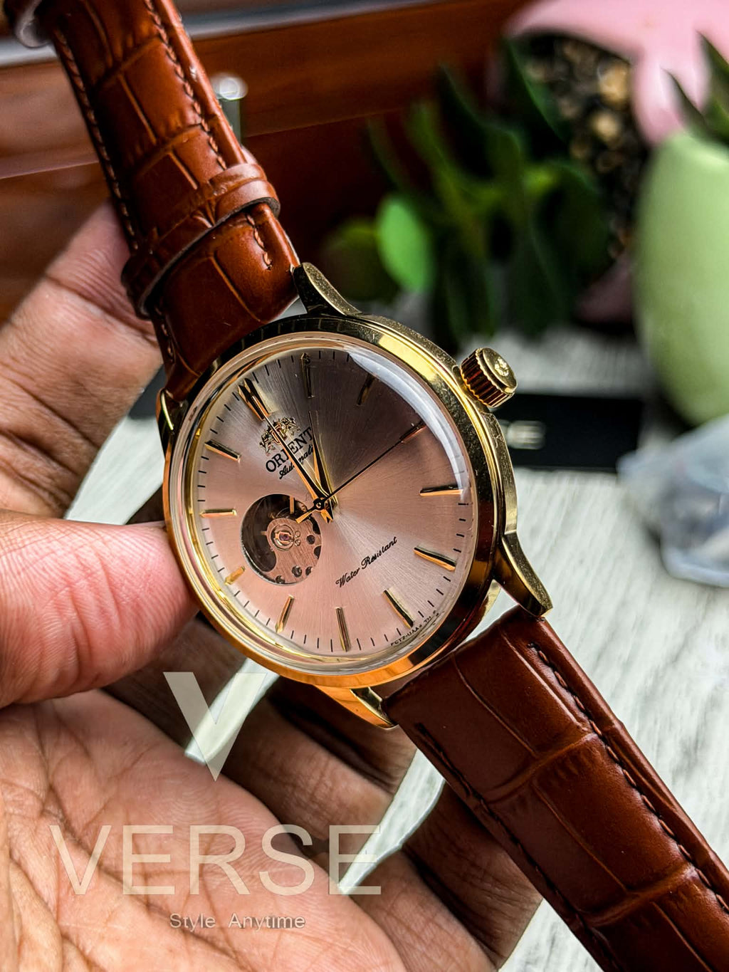 Orient Bambino Open Heart Automatic | Silver Dial Brown Leather Strap Golden Case - ( Double A )