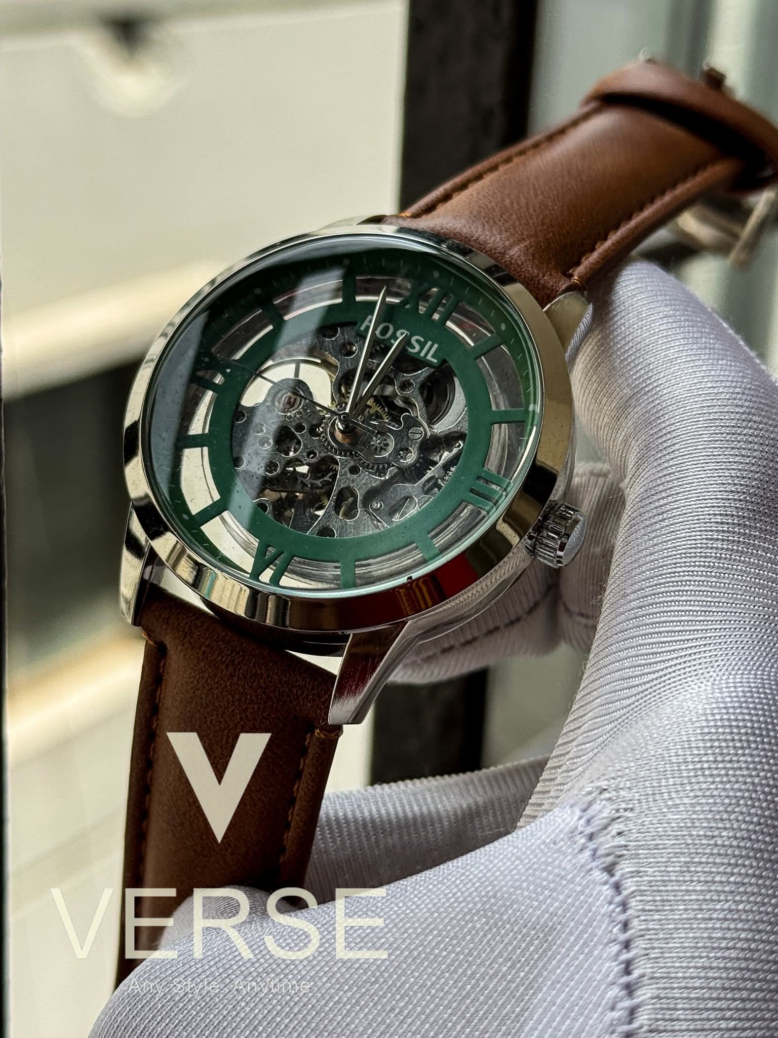 Fossil Automatic Skeleton Mustard Belt Green Dial AA - VERSE - 