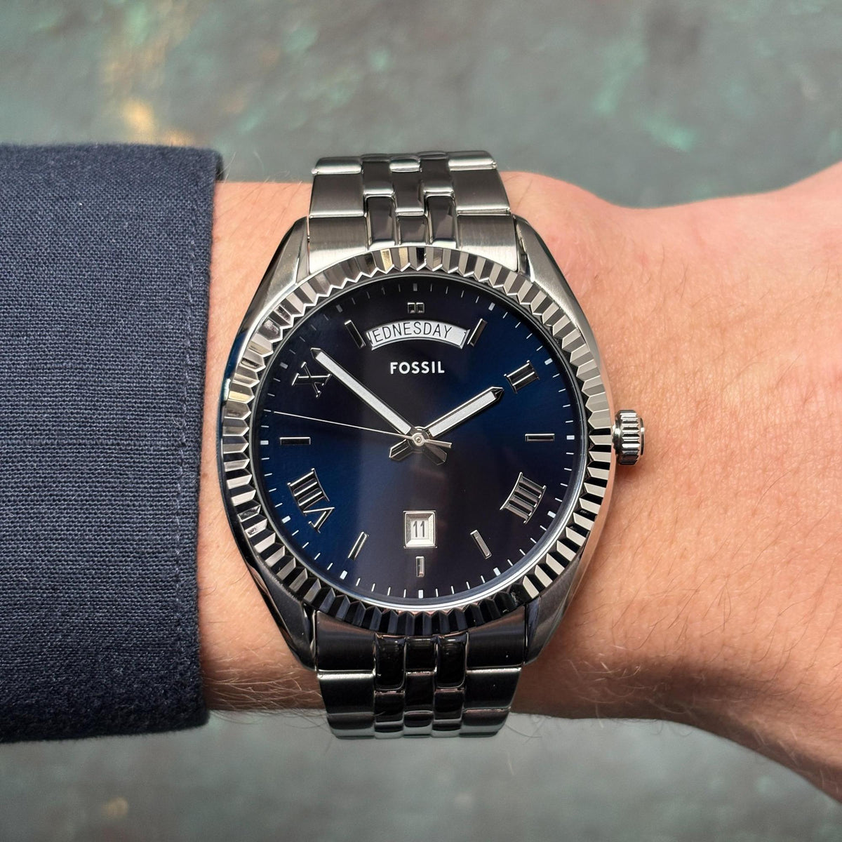 Fossil Campbell Day-Date Navy Blue Dial Stainless Steel Men's Watch | Fossil FS6140