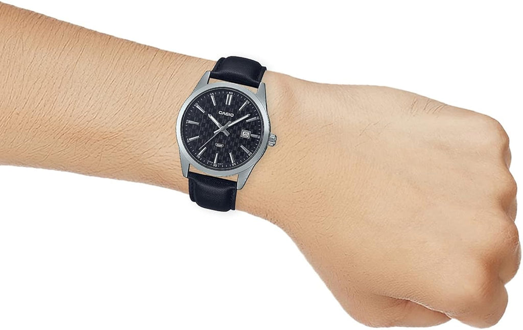 Casio MTP - VD03L - 1AUDF Men’s Silver Case Leather Strap Watch with Black Dial| Casio MTP - VD03L - 1AUDF - VERSE - 