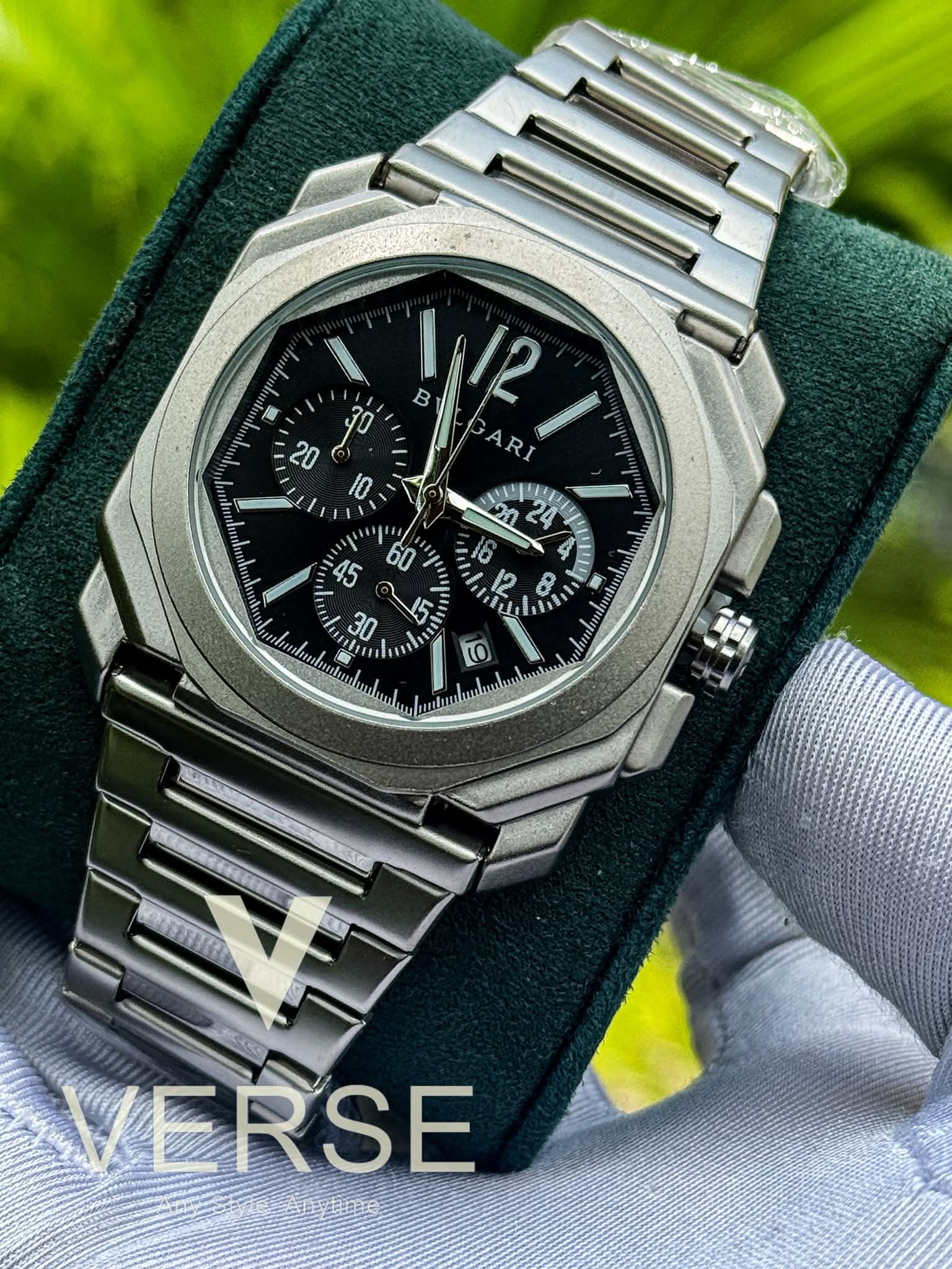 Bvlgari Octo Finissimo Chronograph Matte Silver Chain Black Dial AA - VERSE - 
