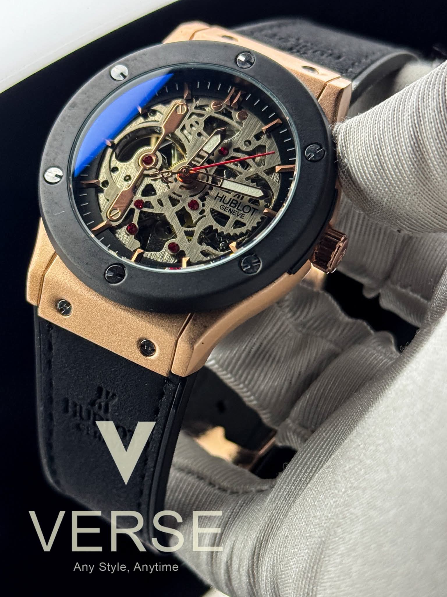 Hublot Automatic Black Belt Rosegold - Black Case Openworked Black - Rosegold Dial AA - VERSE - 