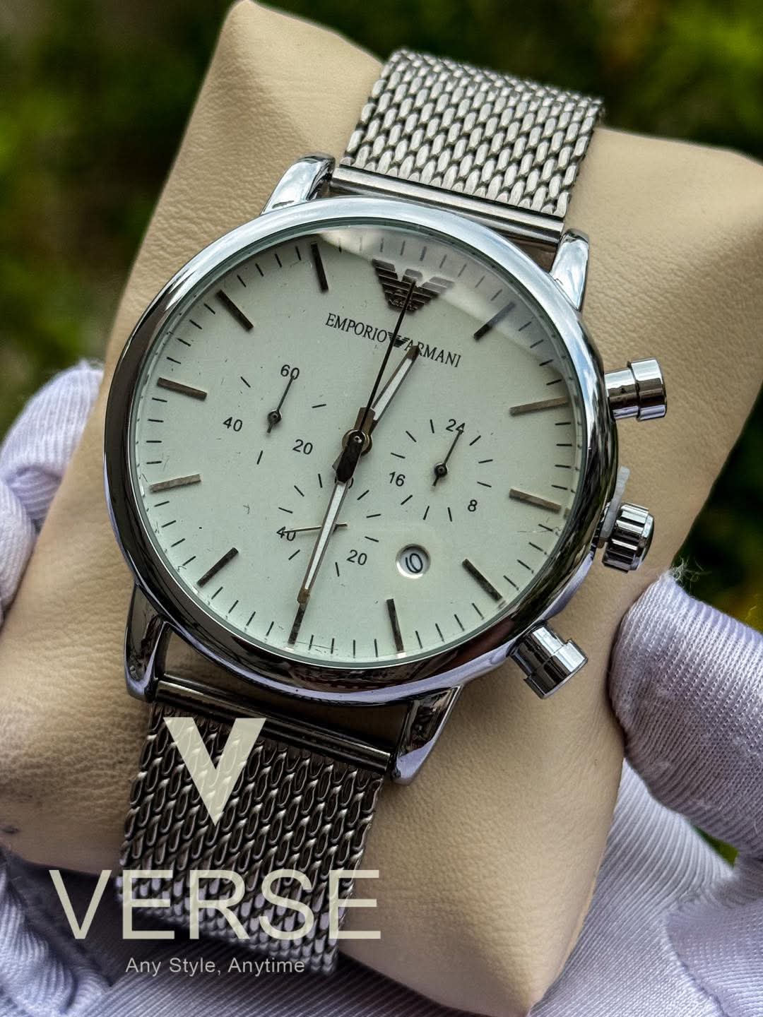 Armani Luigi Chronograph Mesh Chain Glossy White Dial AA - VERSE - 