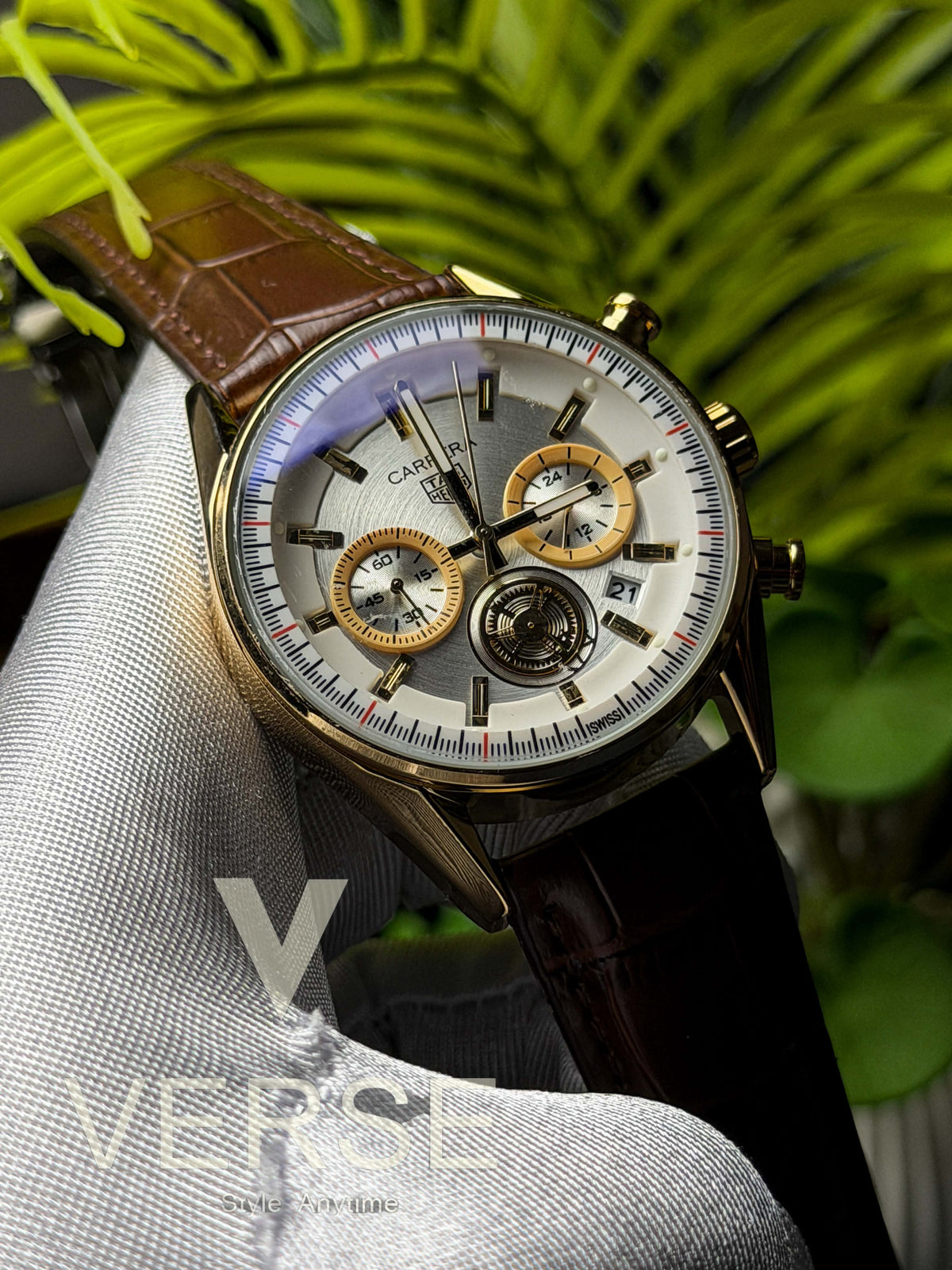 TAG Heuer Carrera “Glassbox Tourbillon” Chronograph | White Dial Brown Leather Gold Toned - ( Double A )