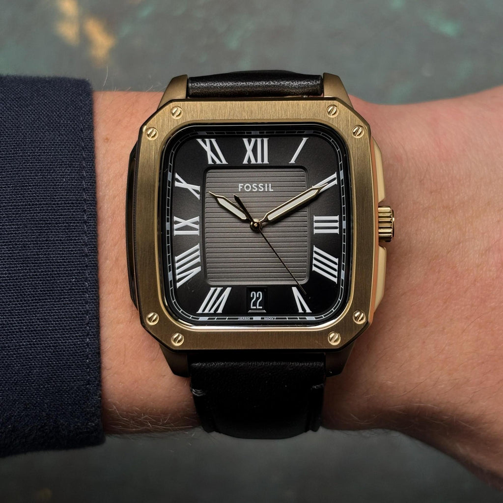 Fossil Crosby Three-Hand Date Gold-Tone Black Dial Black Leather Men's Watch | Fossil FS6151