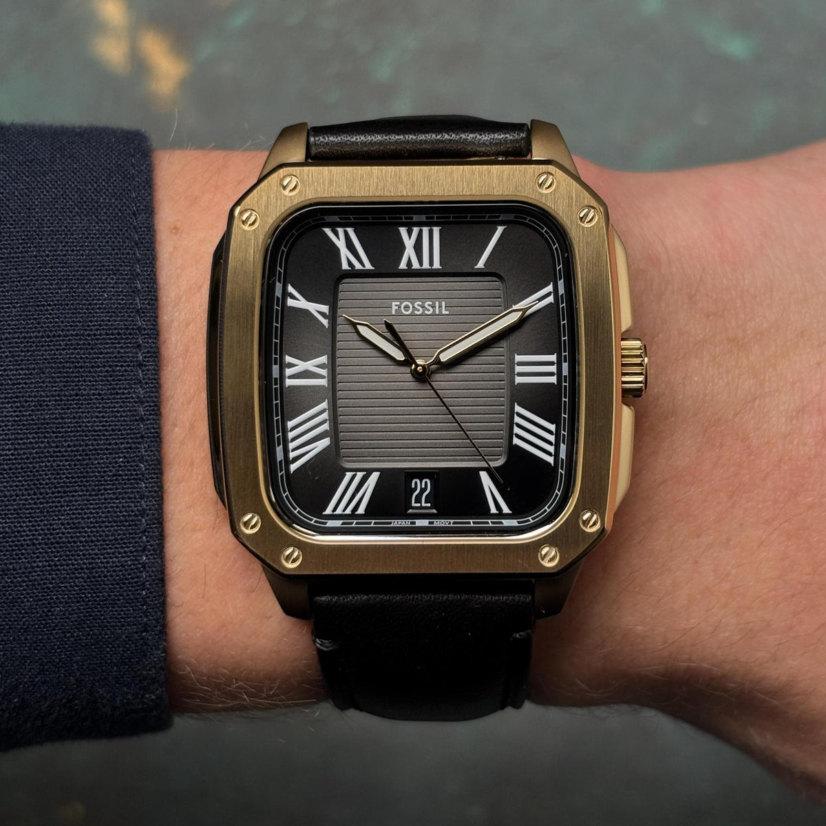 Fossil Crosby Three-Hand Date Gold-Tone Black Dial Black Leather Men's Watch | Fossil FS6151