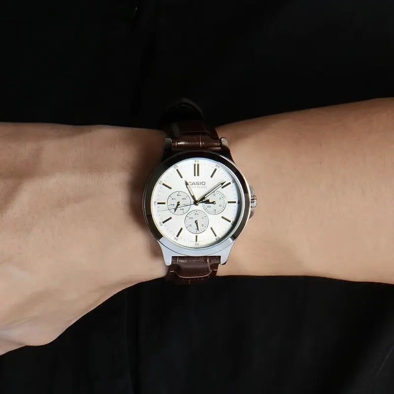 Casio Enticer MTP-V300L-7AUDF Opaline White Dial Dark Brown Leather Men's Multifunction Watch | Casio MTP-V300L-7AUDF