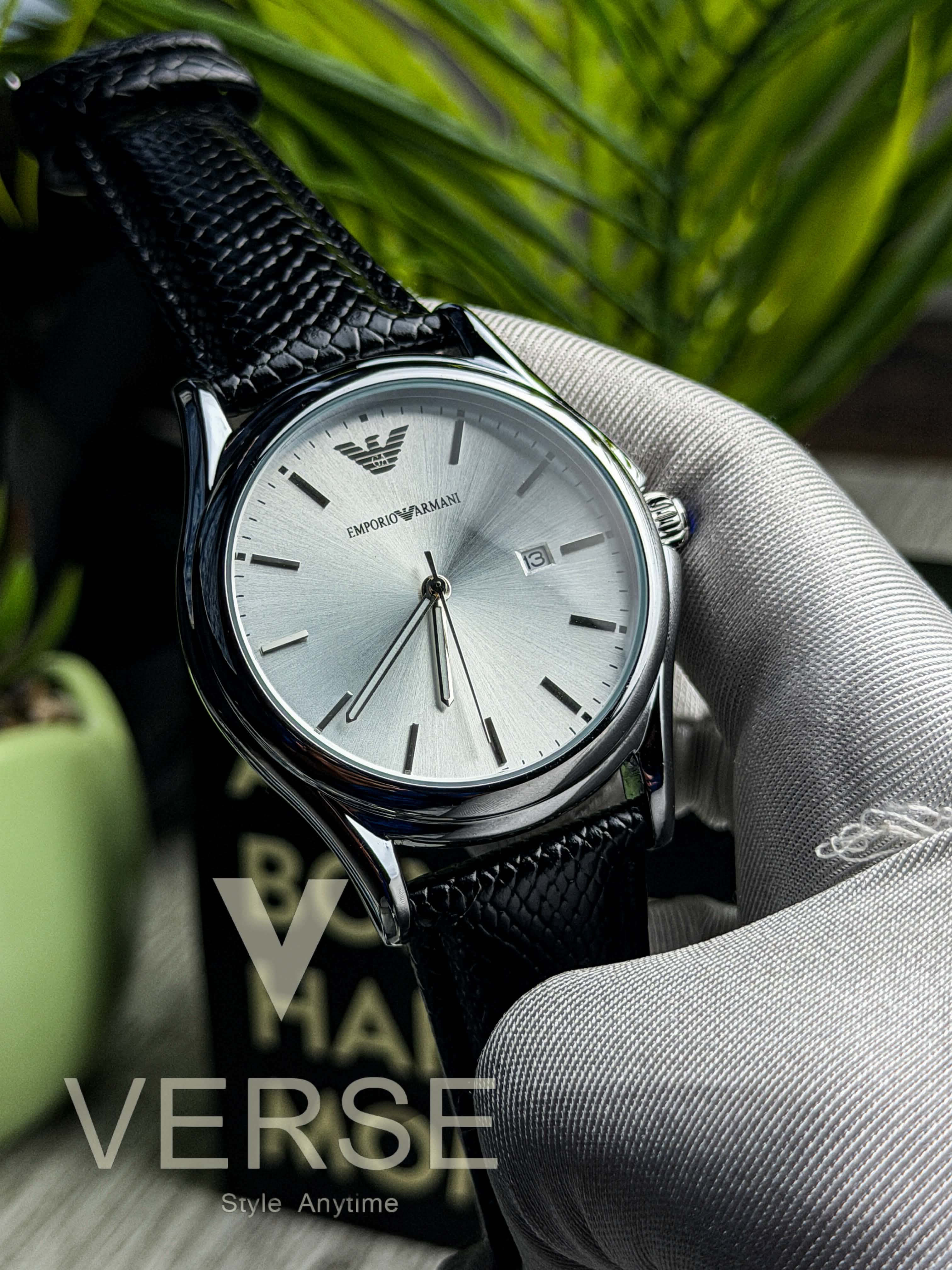 Emporio Armani Classic Three-Hand Quartz | Silver Dial Black Leather Strap - ( Double A )
