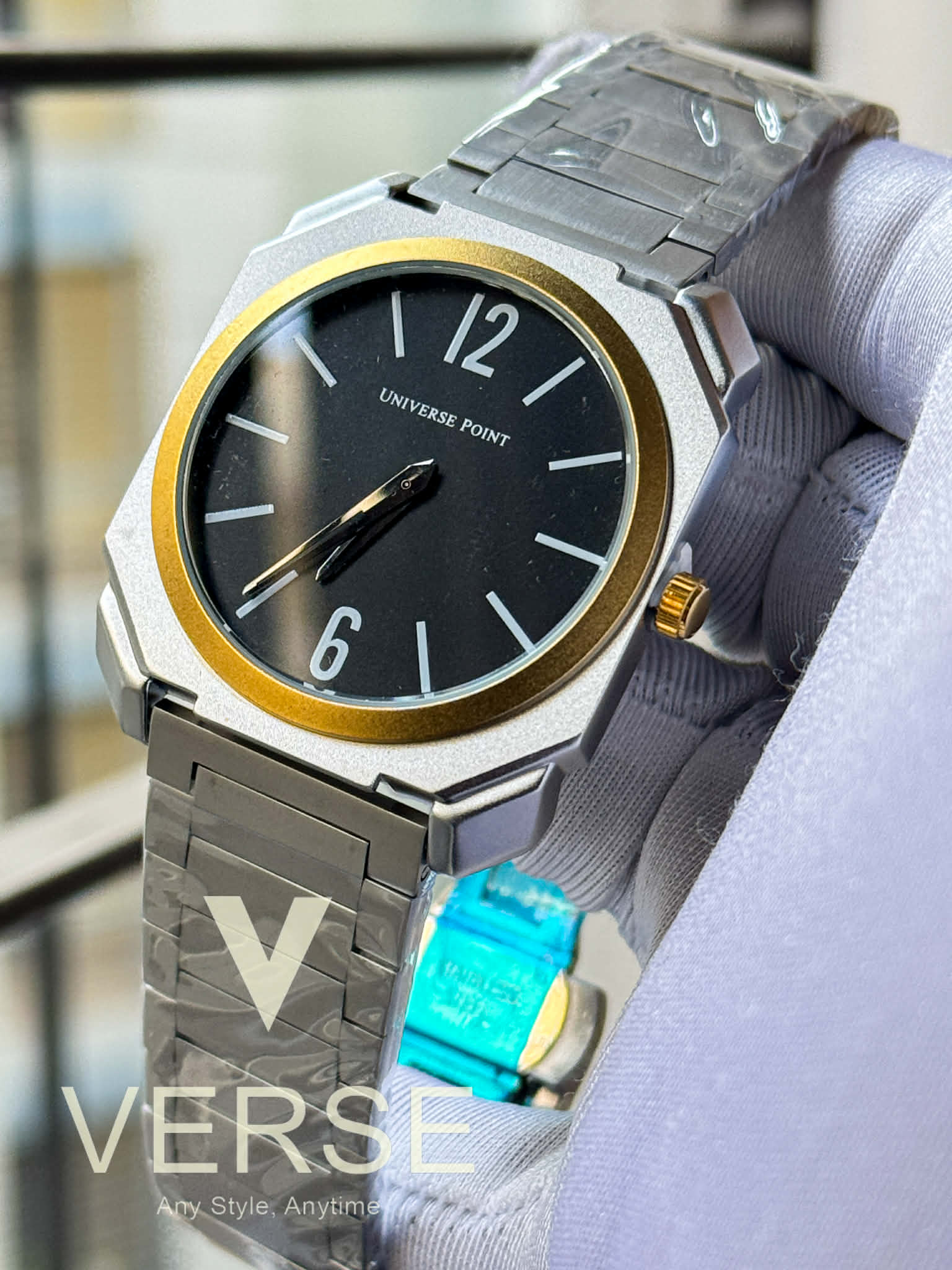UNIVERSE POINT Ultra Slim Octagonal Stainless Steel Watch – Two - Tone Case Black Dial | UP3949 - 1205B - VERSE - 