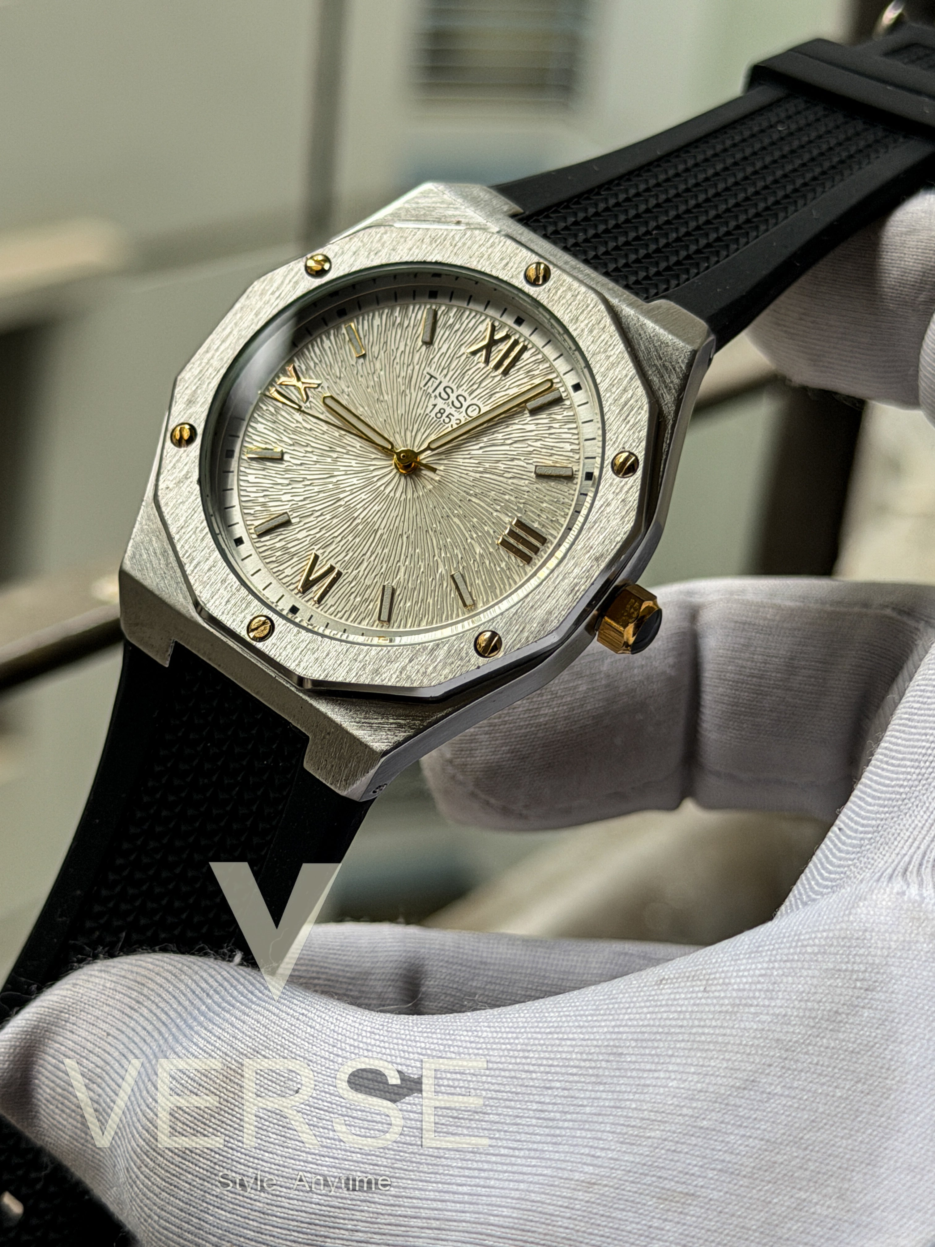 Royal Oak Style Tissot Custom – Silver Textured Dial (Gold Accents) (Double A) - VERSE - 
