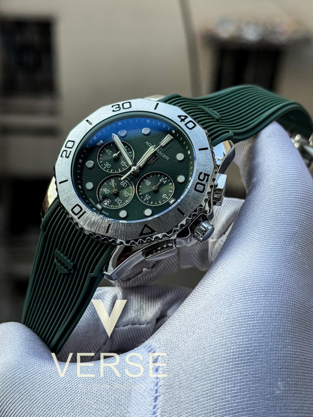 TAG Heuer Aquaracer Professional 200 Chronograph | Green Silicone Strap - Dial Silver Case - ( Double A ) - VERSE - 