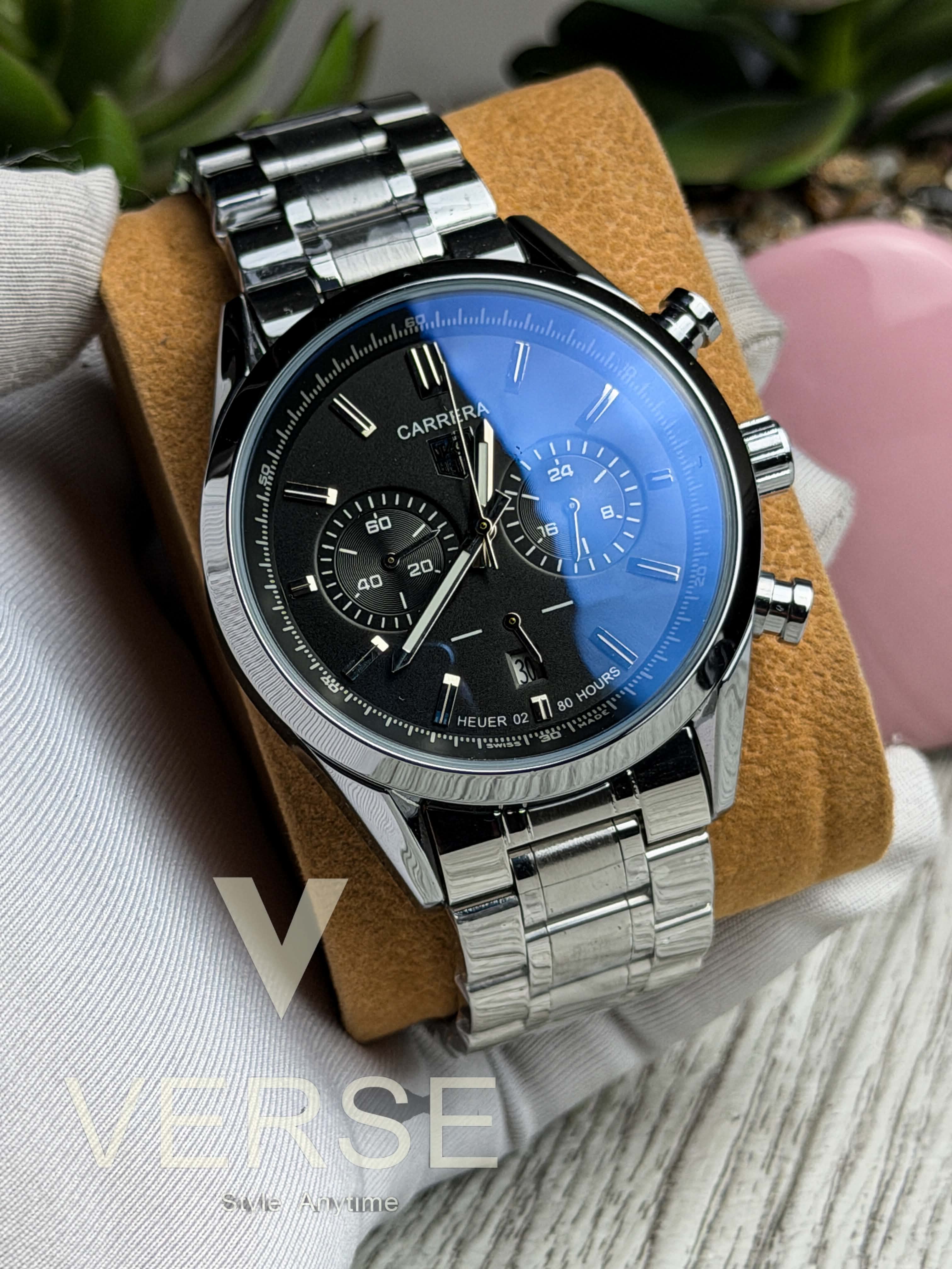 TAG Heuer Carrera 02' Chronograph - Silver Chain Black Dial ( Double A ) - VERSE - 