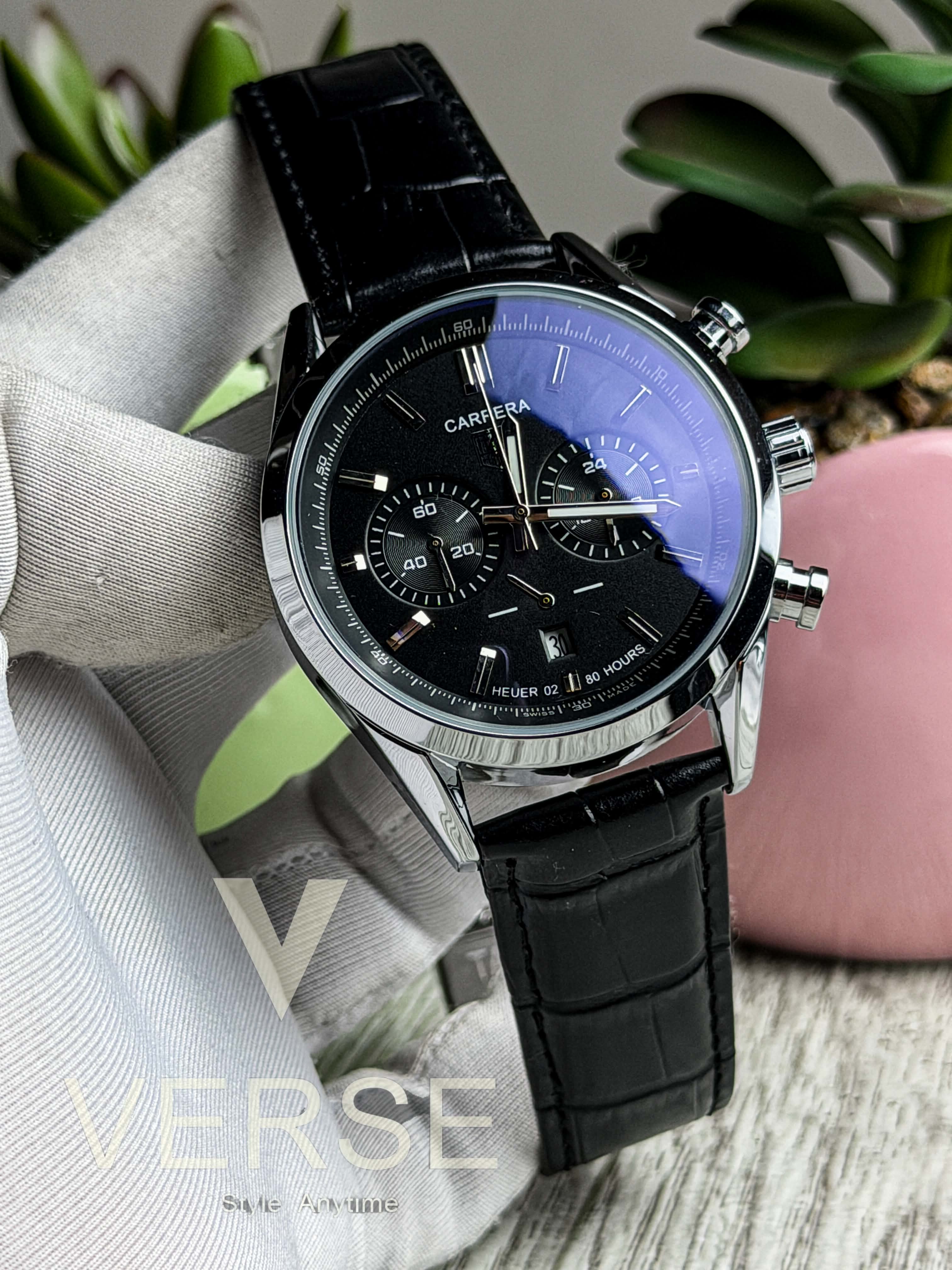 TAG Heuer Carrera 02 Chronograph V2 - Black Dial Black Leather ( Double A ) - VERSE - 