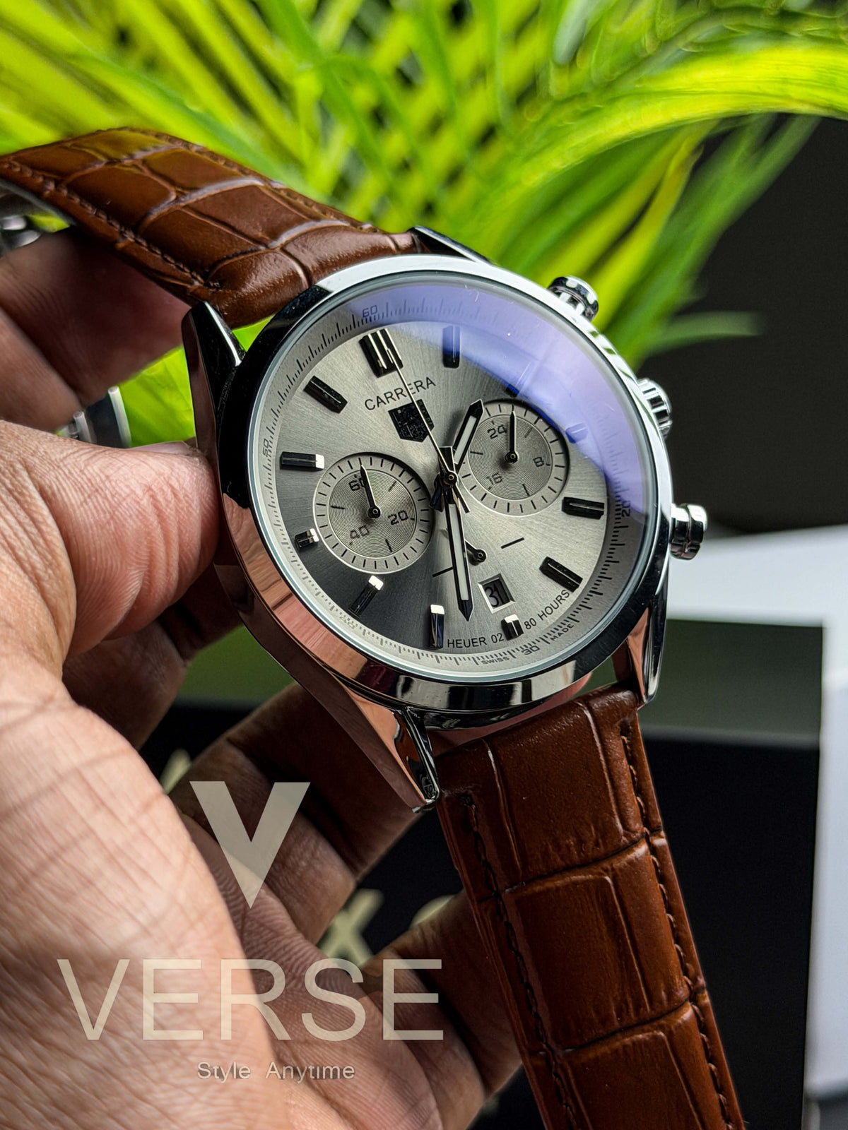TAG Heuer Carrera 02 Chronograph V2 - Grey Dial Cognac Brown Leather ( Double A ) - VERSE -