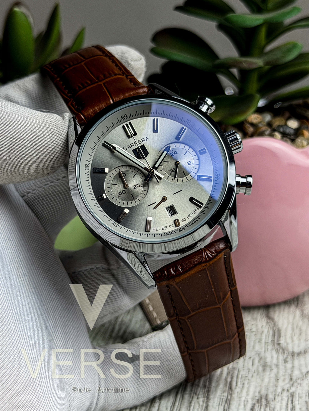TAG Heuer Carrera 02 Chronograph V2 - Grey Dial Cognac Brown Leather ( Double A ) - VERSE - 
