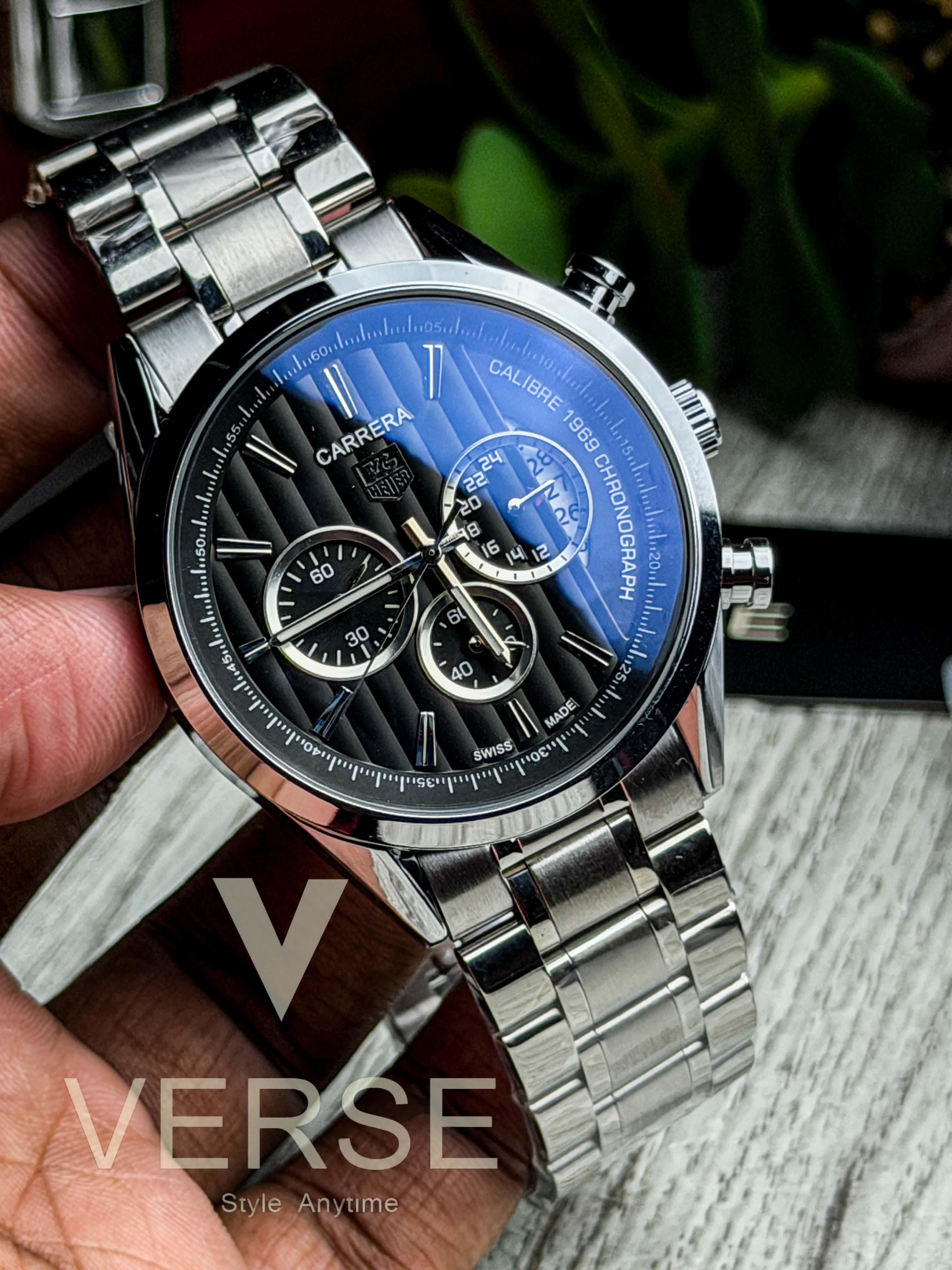 TAG Heuer Carrera 1969 Chronograph V2 - Silver Chain Black Dial ( Double A ) - VERSE -