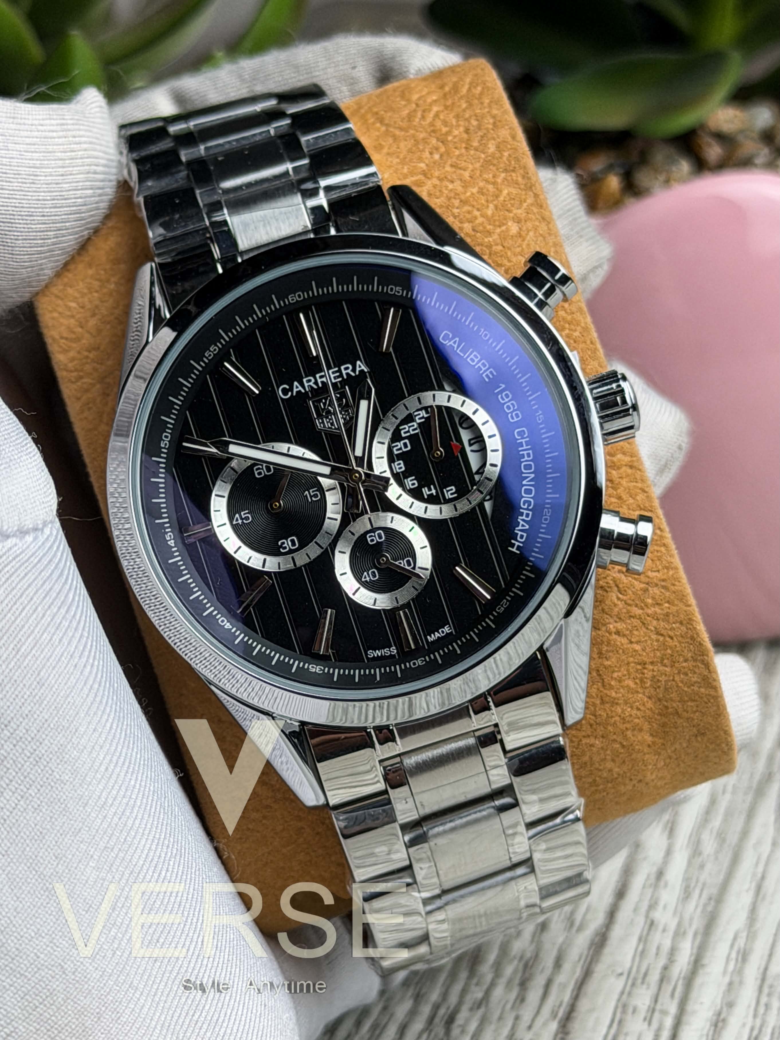 TAG Heuer Carrera 1969 Chronograph V2 - Silver Chain Black Dial ( Double A ) - VERSE - 