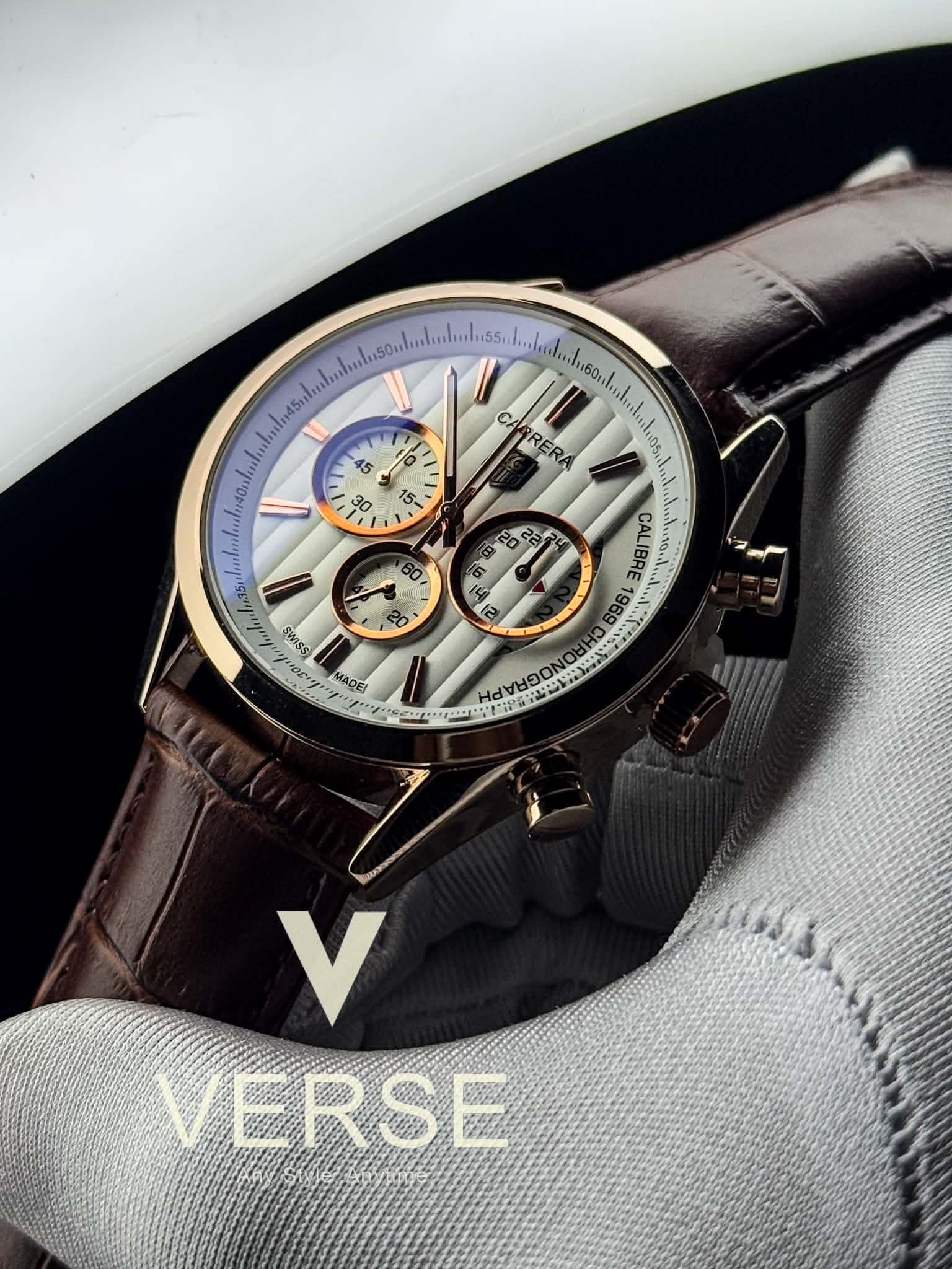 TAG Heuer Carrera 1969 Chronograph - White Dial Rose - Gold Case ( Double A ) - VERSE - 
