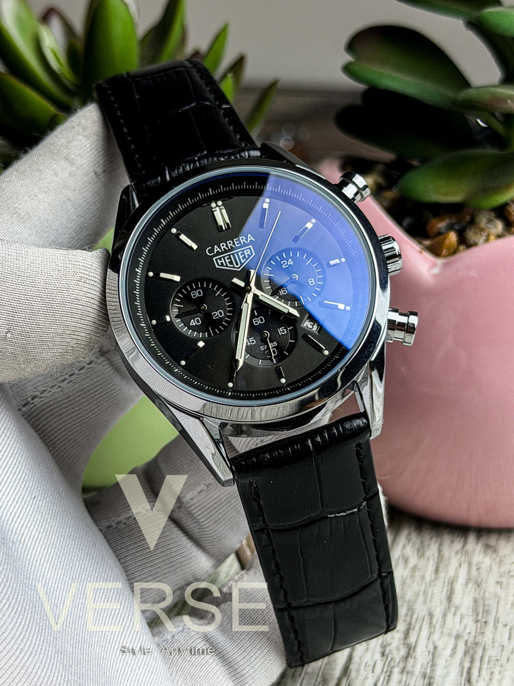TAG Heuer Carrera Chronograph V2 - Black Dial Black Leather ( Double A ) - VERSE - 