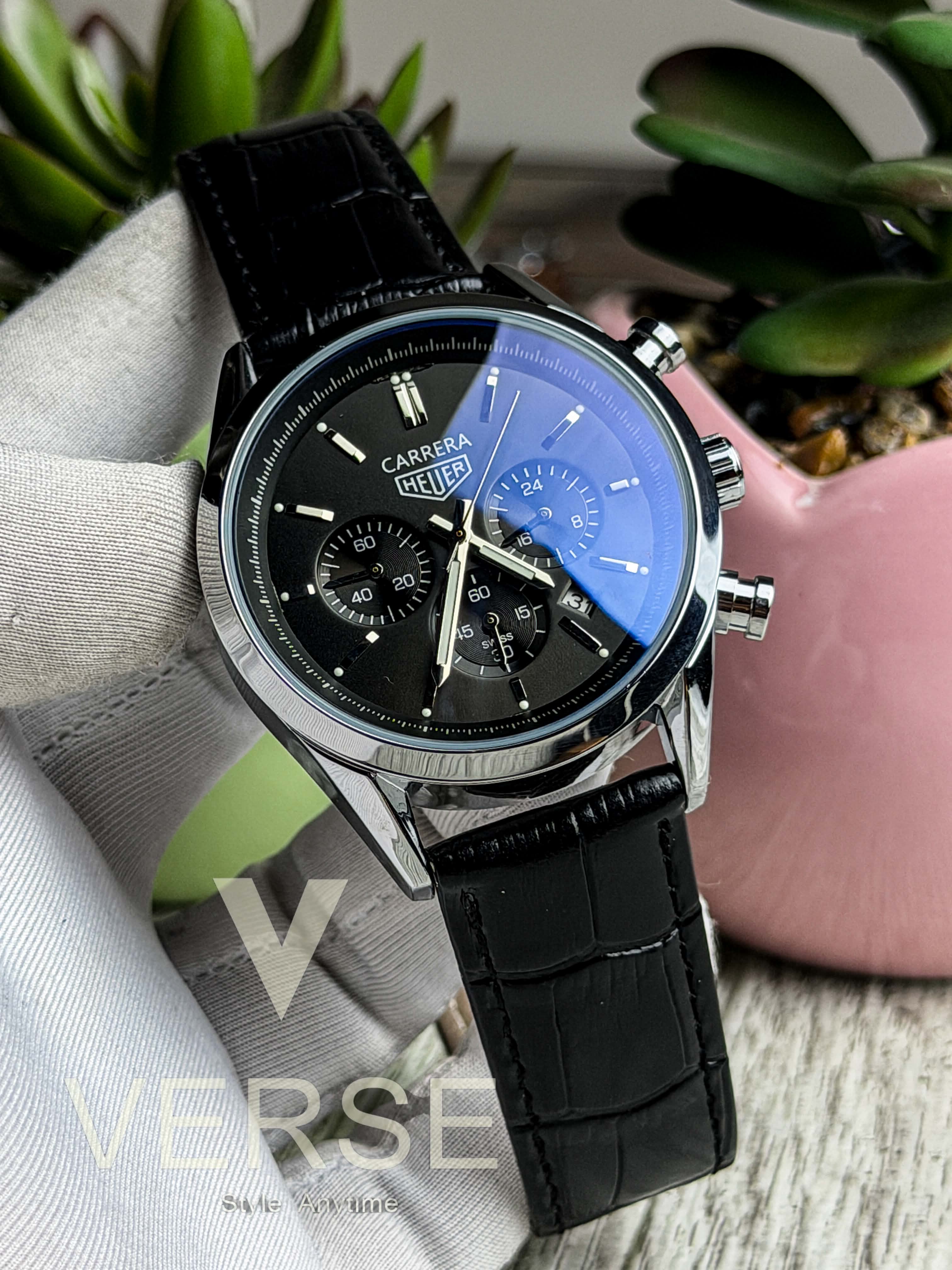 TAG Heuer Carrera Chronograph V2 - Black Dial Black Leather ( Double A ) - VERSE - 