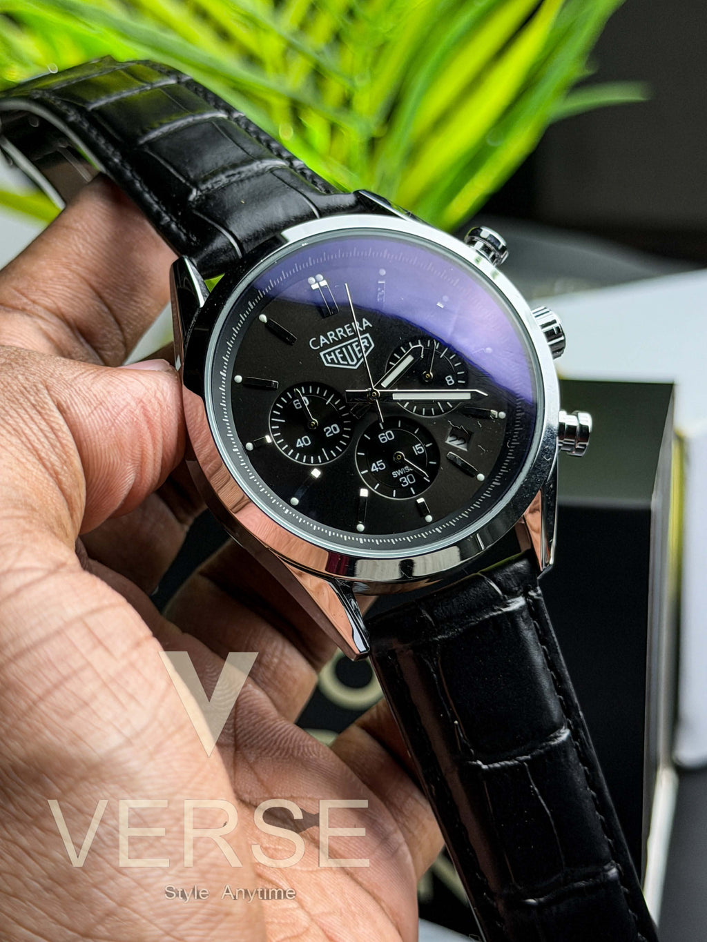 TAG Heuer Carrera Chronograph V2 - Black Dial Black Leather ( Double A ) - VERSE -