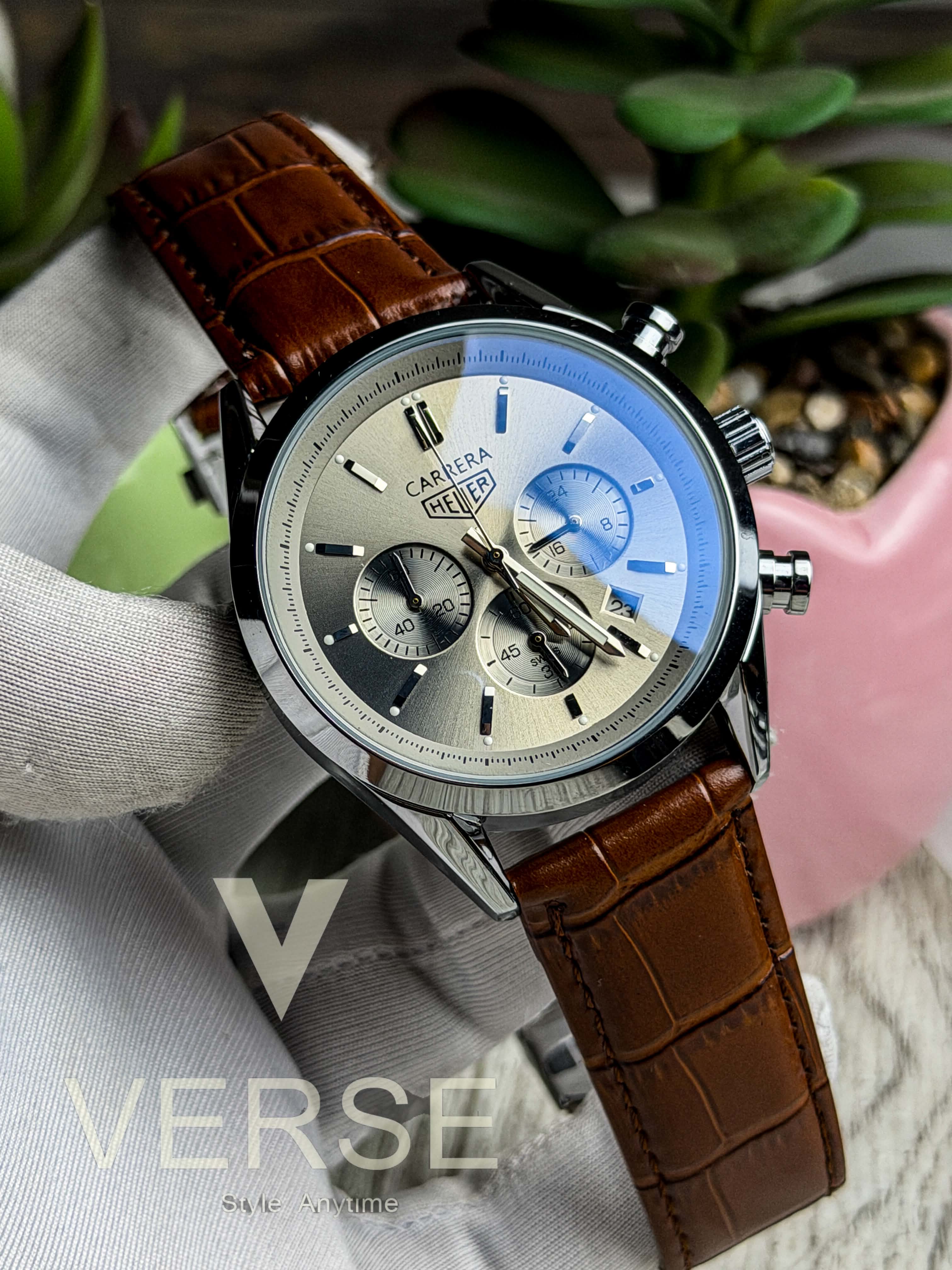 TAG Heuer Carrera Chronograph V2 - Grey Dial Cognac Brown Leather ( Double A ) - VERSE - 
