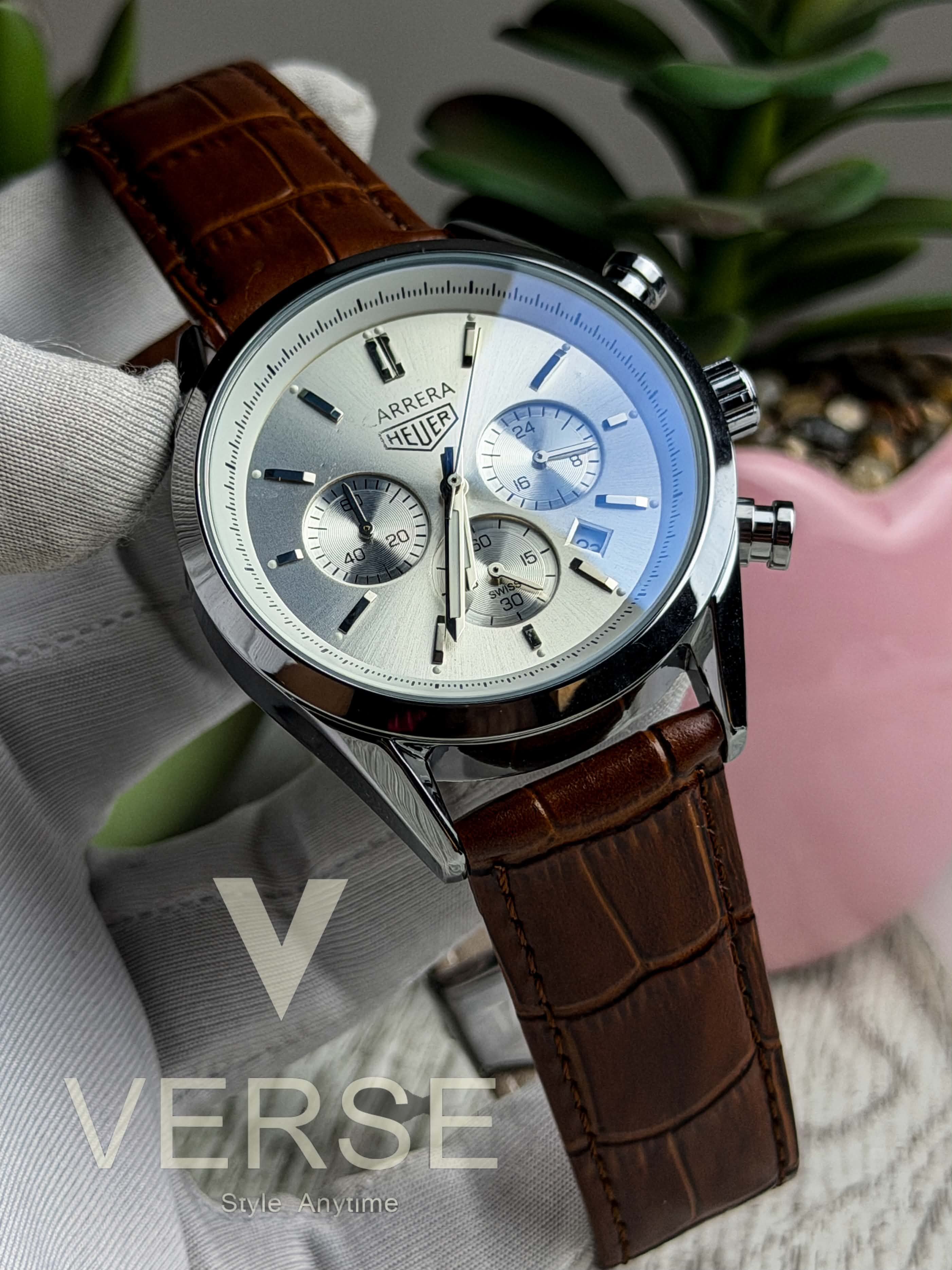TAG Heuer Carrera Chronograph V2 - White Dial Cognac Brown Leather ( Double A ) - VERSE - 