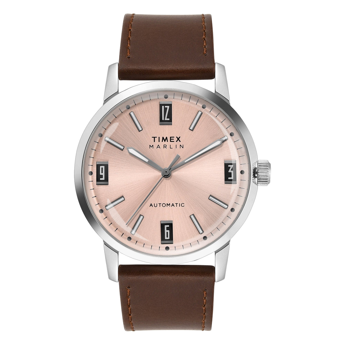 Timex Marlin Automatic 42mm Salmon Pink Dial Brown Leather Men's Watch | Timex TWEG26701 - VERSE -