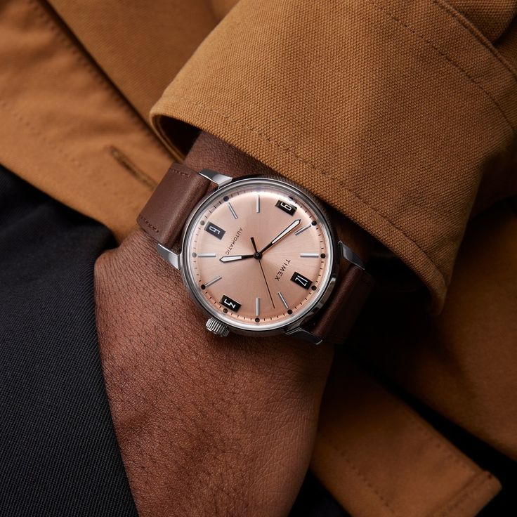 Timex Marlin Automatic 42mm Salmon Pink Dial Brown Leather Men's Watch | Timex TWEG26701 - VERSE -