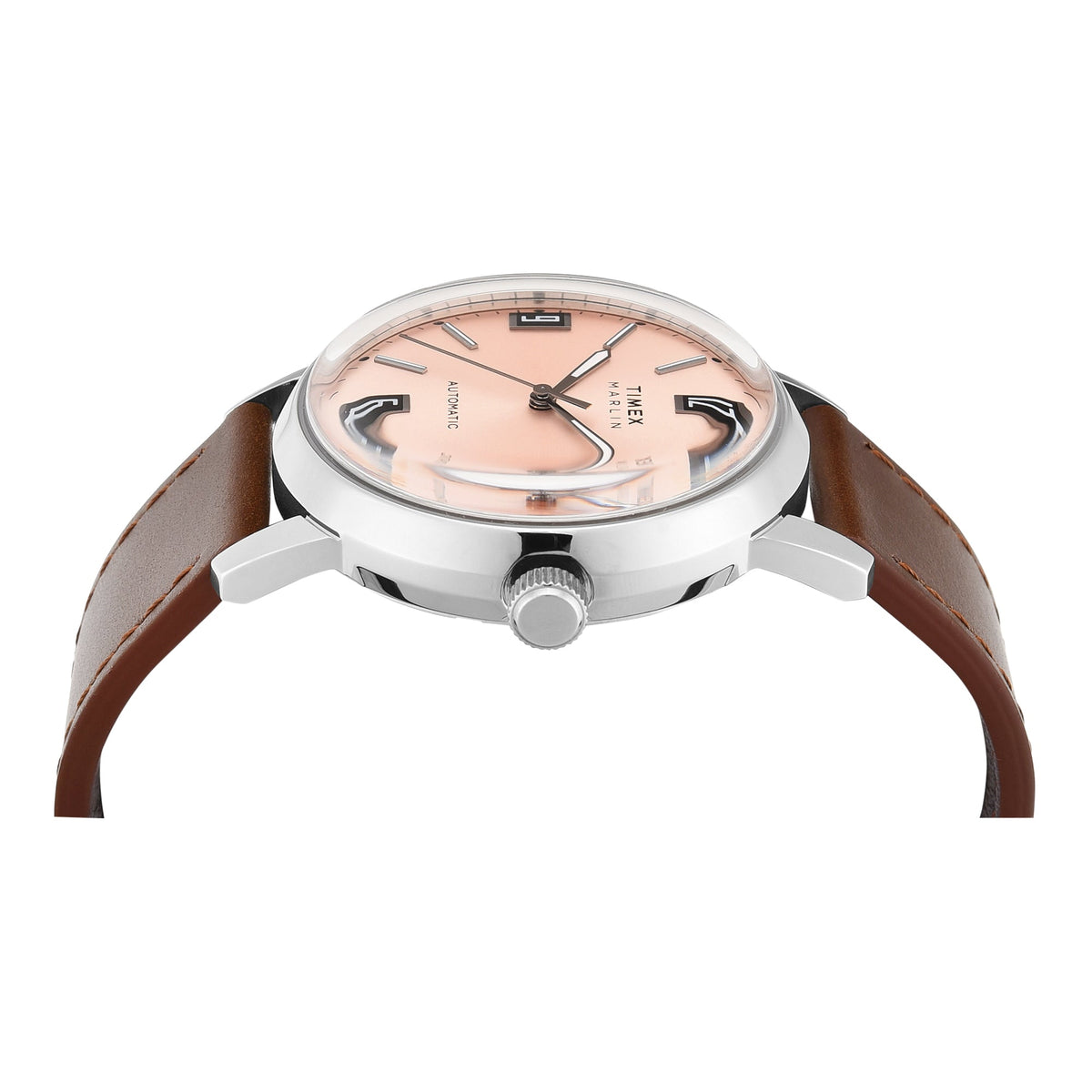 Timex Marlin Automatic 42mm Salmon Pink Dial Brown Leather Men's Watch | Timex TWEG26701 - VERSE -