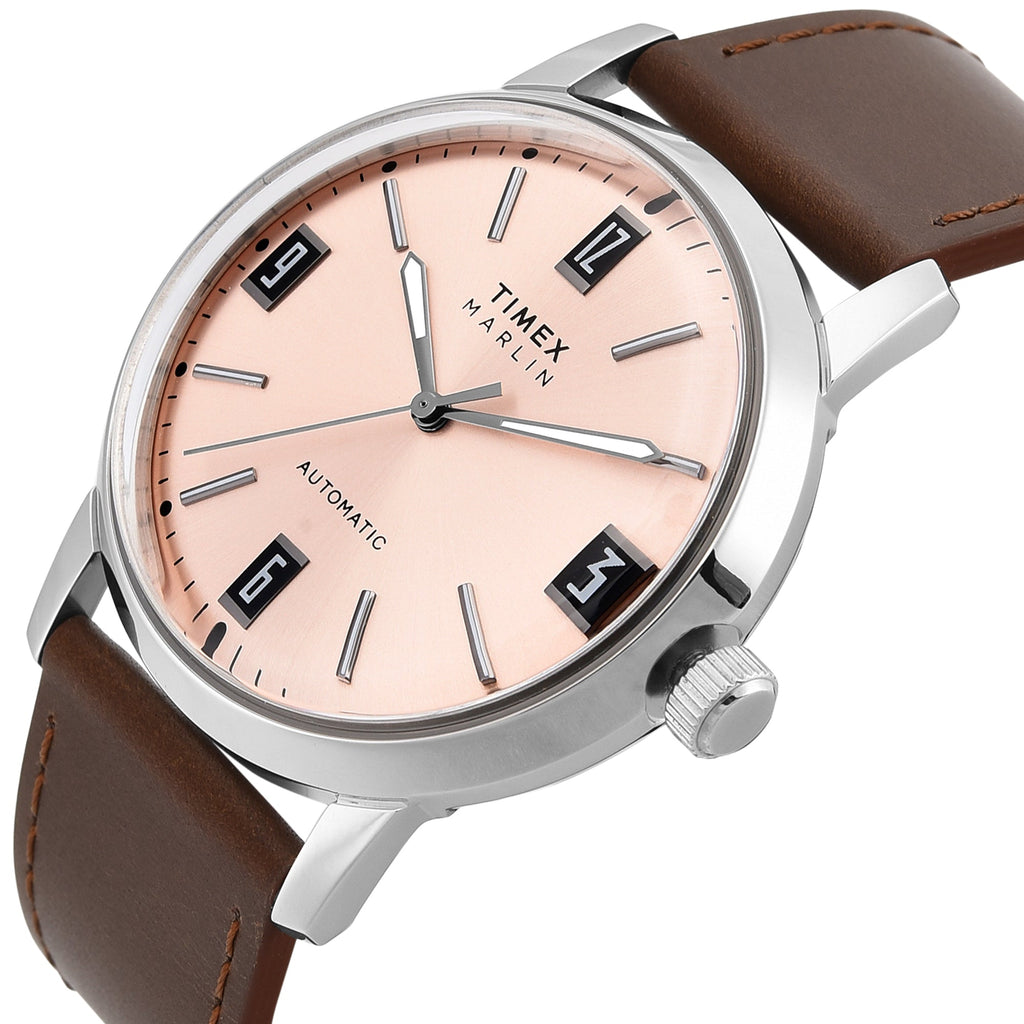 Timex Marlin Automatic 42mm Salmon Pink Dial Brown Leather Men's Watch | Timex TWEG26701 - VERSE -