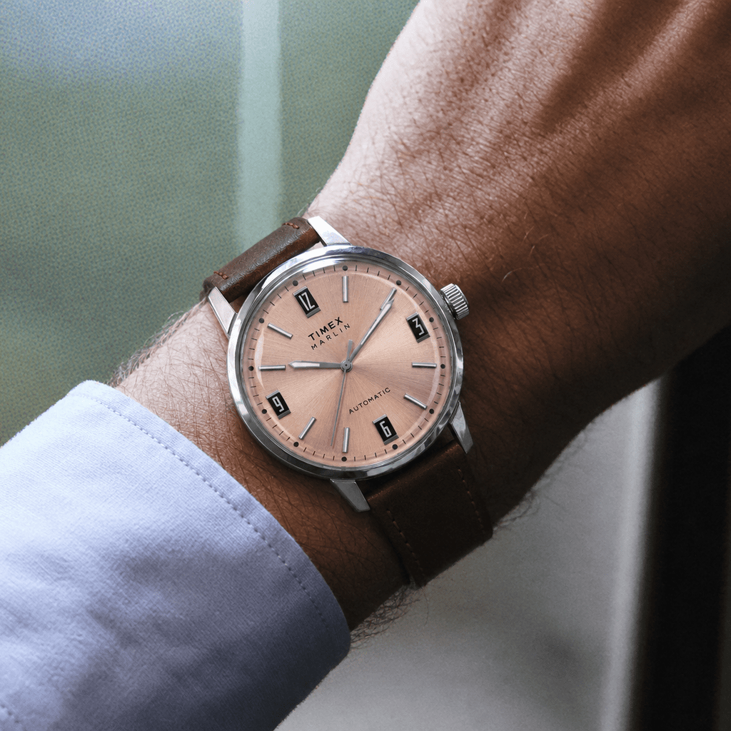 Timex Marlin Automatic 42mm Salmon Pink Dial Brown Leather Men's Watch | Timex TWEG26701 - VERSE -