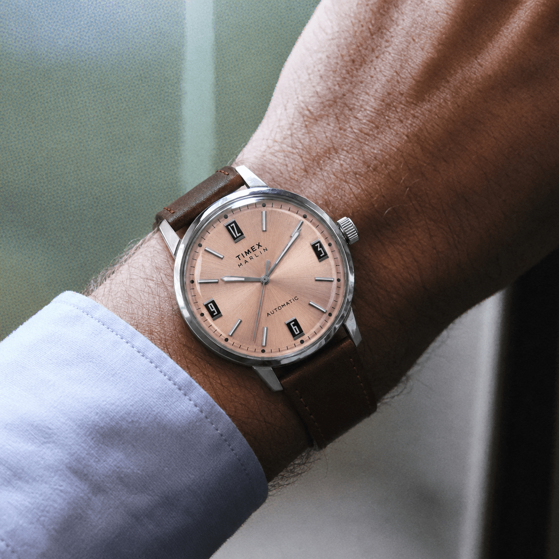 Timex Marlin Automatic 42mm Salmon Pink Dial Brown Leather Men's Watch | Timex TWEG26701 - VERSE -