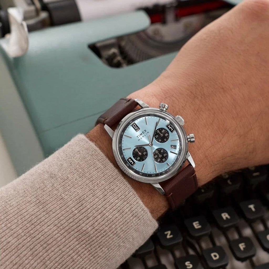 Timex Marlin Chronograph Tachymeter 40mm Ice Blue Dial Brown Leather Men's Watch | Timex TW2Y66600UJ - VERSE -