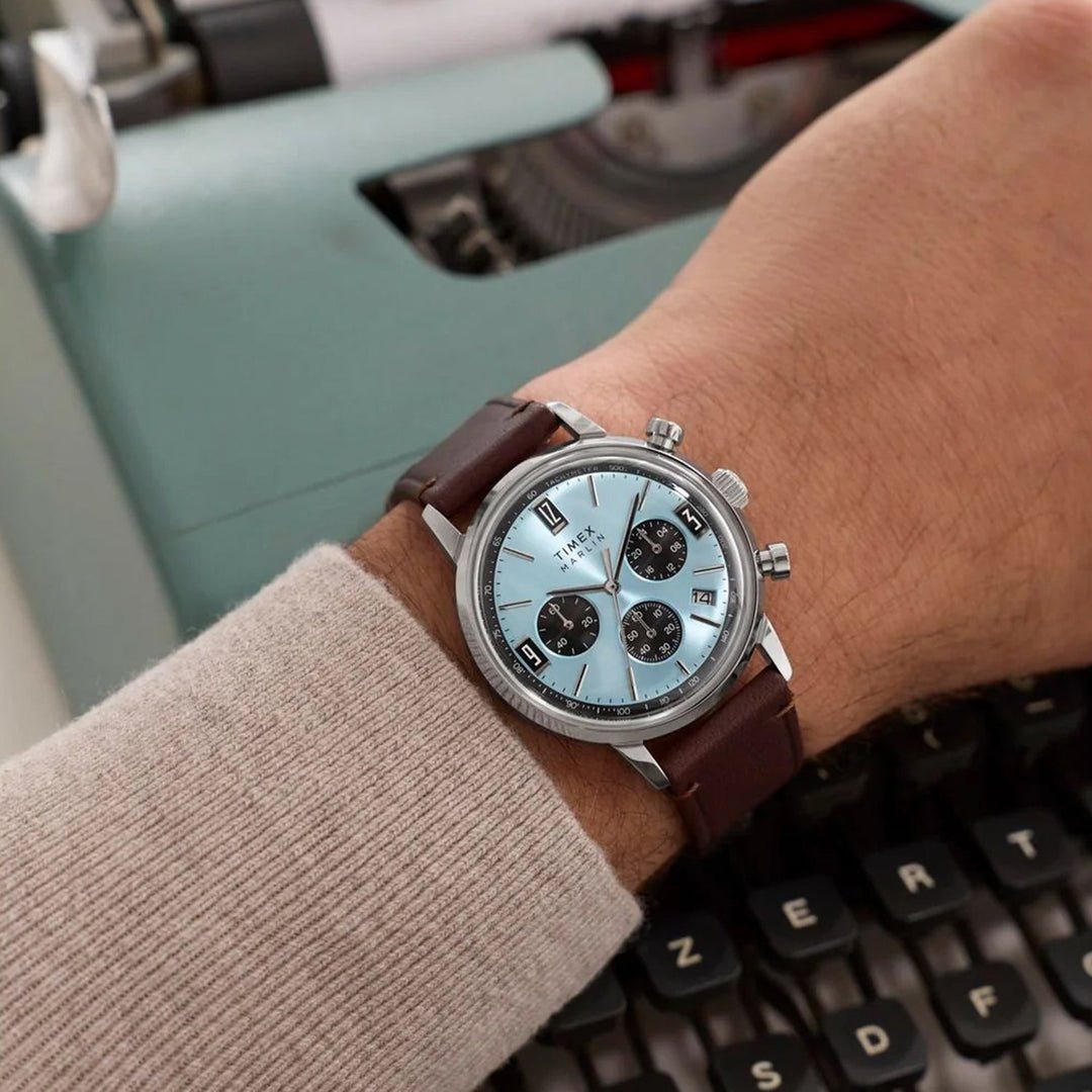 Timex Marlin Chronograph Tachymeter 40mm Ice Blue Dial Brown Leather Men's Watch | Timex TW2Y66600UJ - VERSE -