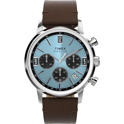 Timex Marlin Chronograph Tachymeter 40mm Ice Blue Dial Brown Leather Men's Watch | Timex TW2Y66600UJ - VERSE -