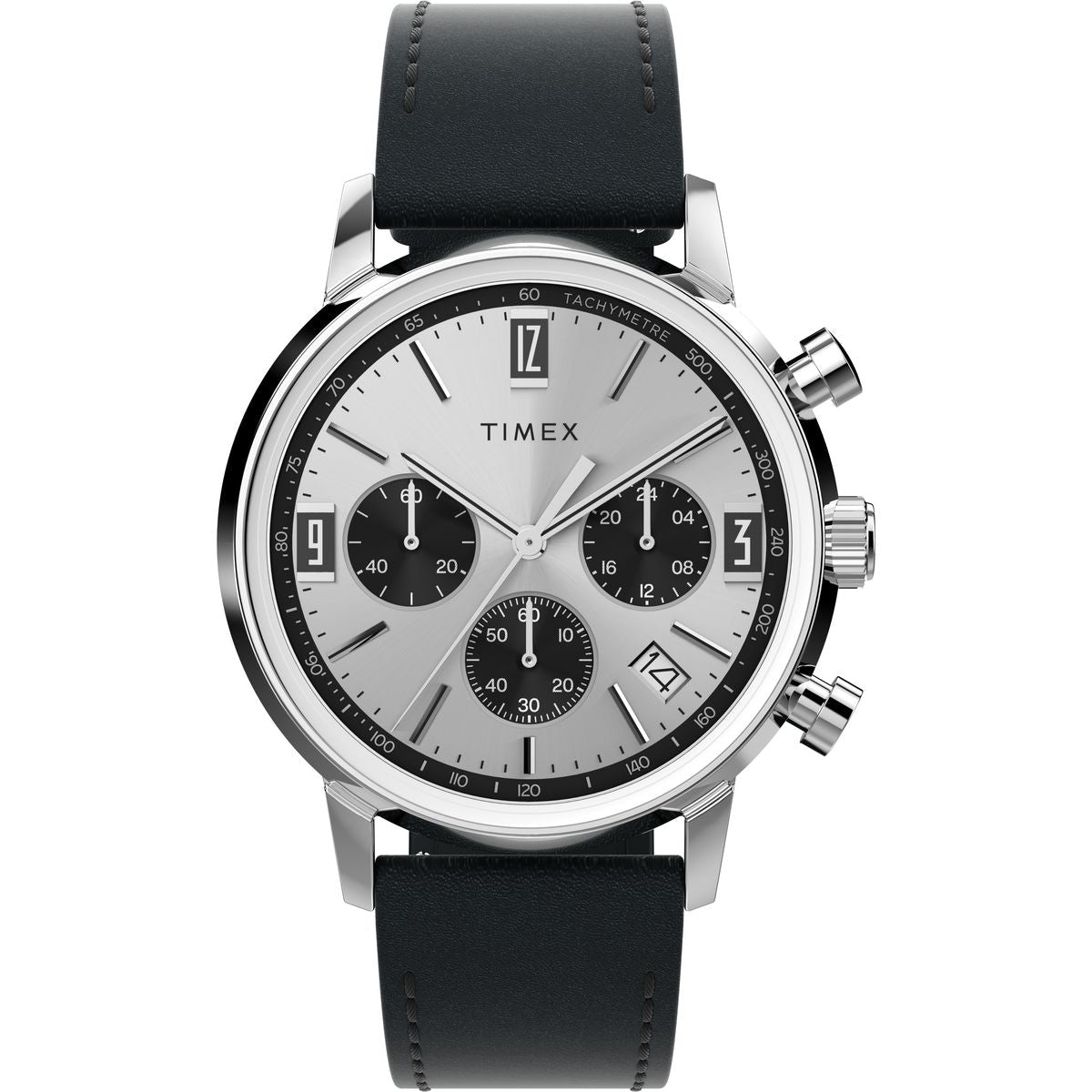Timex Marlin Chronograph Tachymeter 40mm Panda Dial Black Leather Men's Watch | Timex TW2W10300UJ - VERSE -