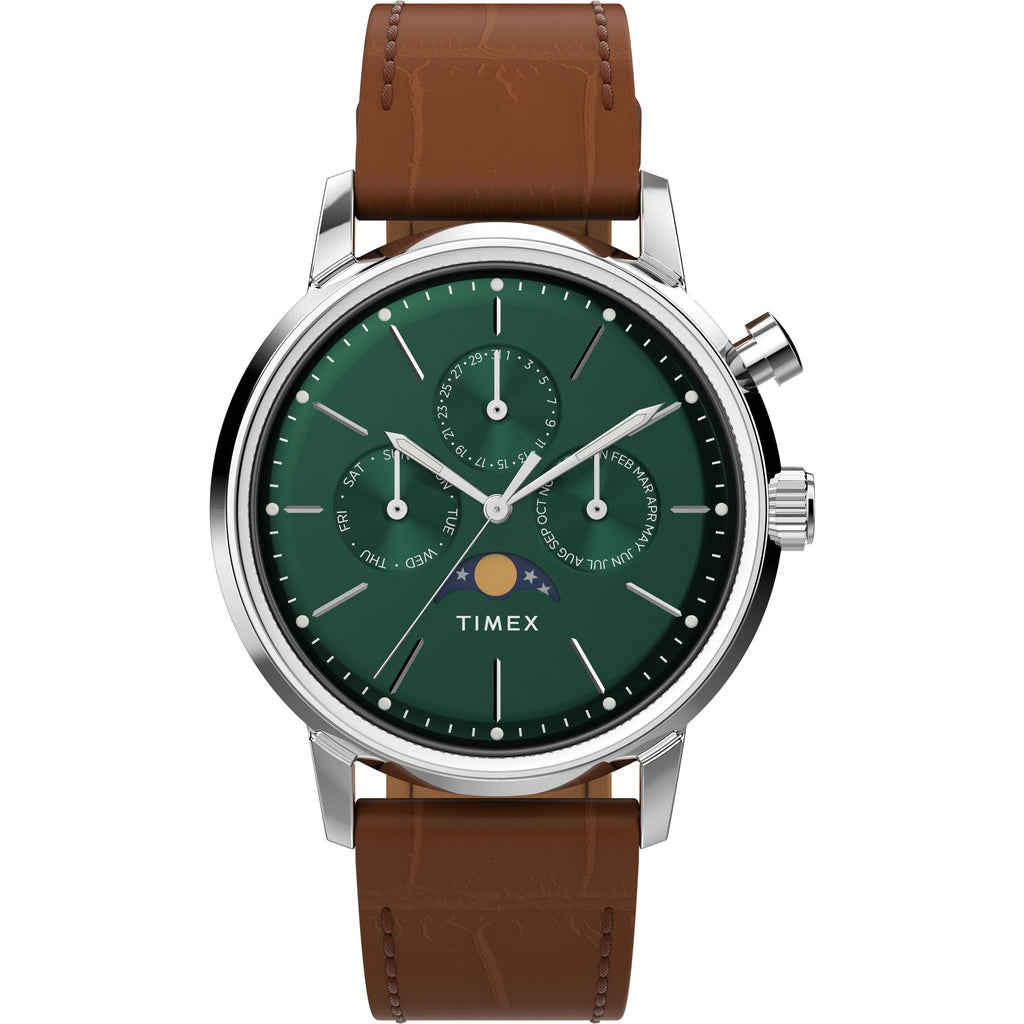 Timex Marlin Moon Phase Multifunction 40mm Forest Green Dial Brown Leather Men's Watch | Timex TWEG26800 - VERSE -