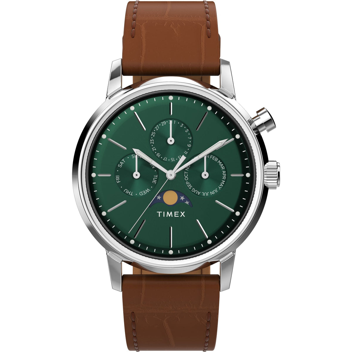 Timex Marlin Moon Phase Multifunction 40mm Forest Green Dial Brown Leather Men's Watch | Timex TWEG26800 - VERSE -