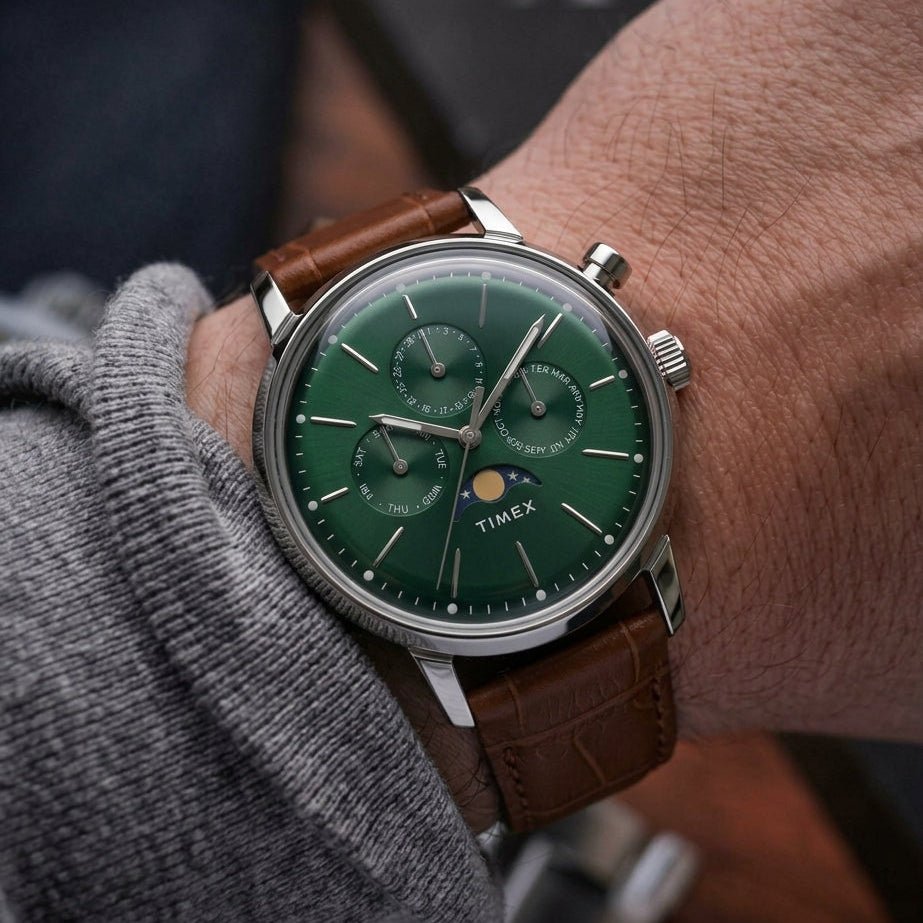 Timex Marlin Moon Phase Multifunction 40mm Forest Green Dial Brown Leather Men's Watch | Timex TWEG26800 - VERSE -