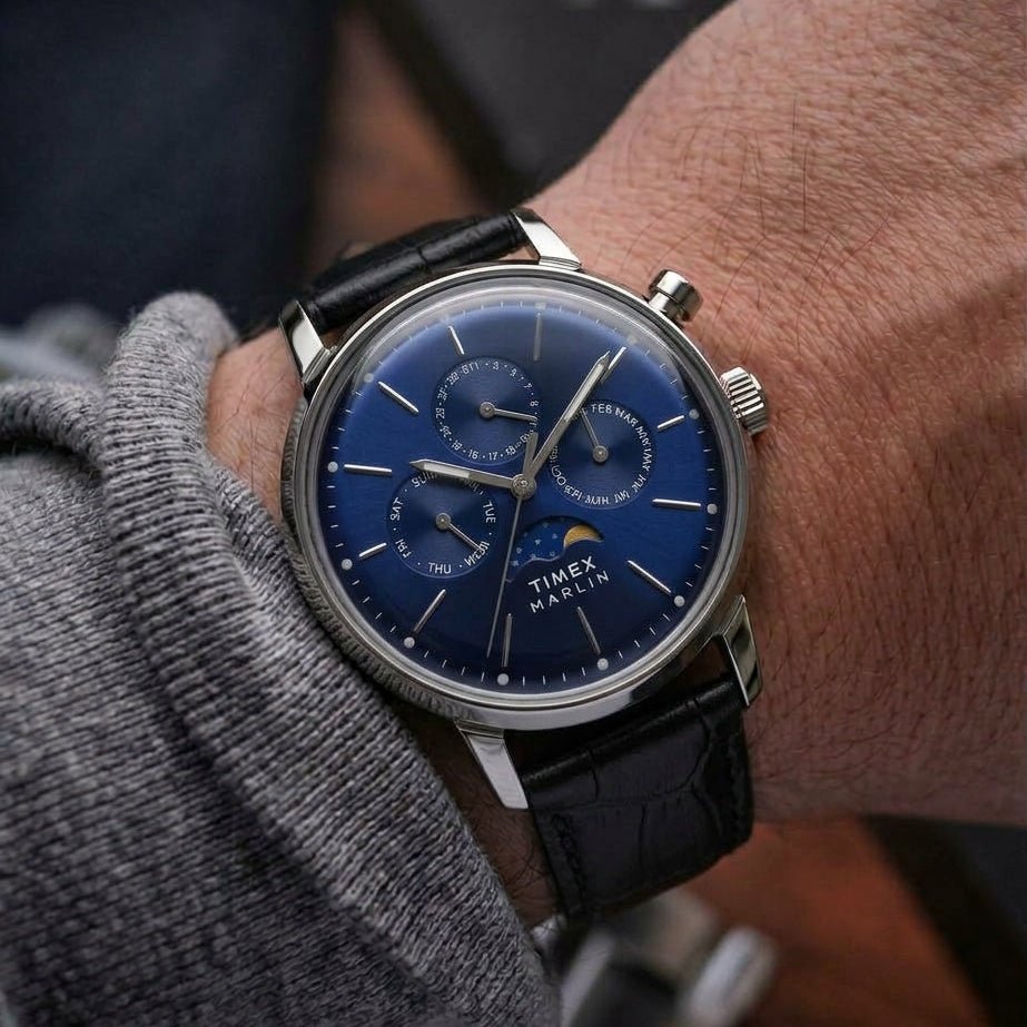 Timex Marlin Moon Phase Multifunction 40mm Navy Blue Dial Black Leather Men's Watch | Timex TWEG26803 - VERSE -