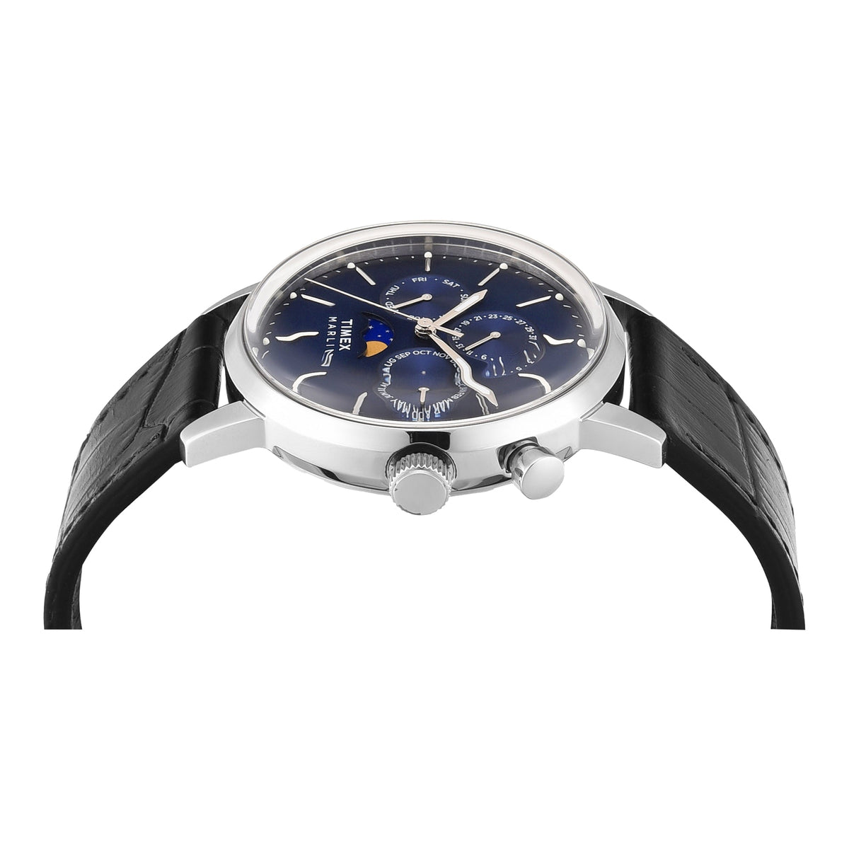 Timex Marlin Moon Phase Multifunction 40mm Navy Blue Dial Black Leather Men's Watch | Timex TWEG26803 - VERSE -