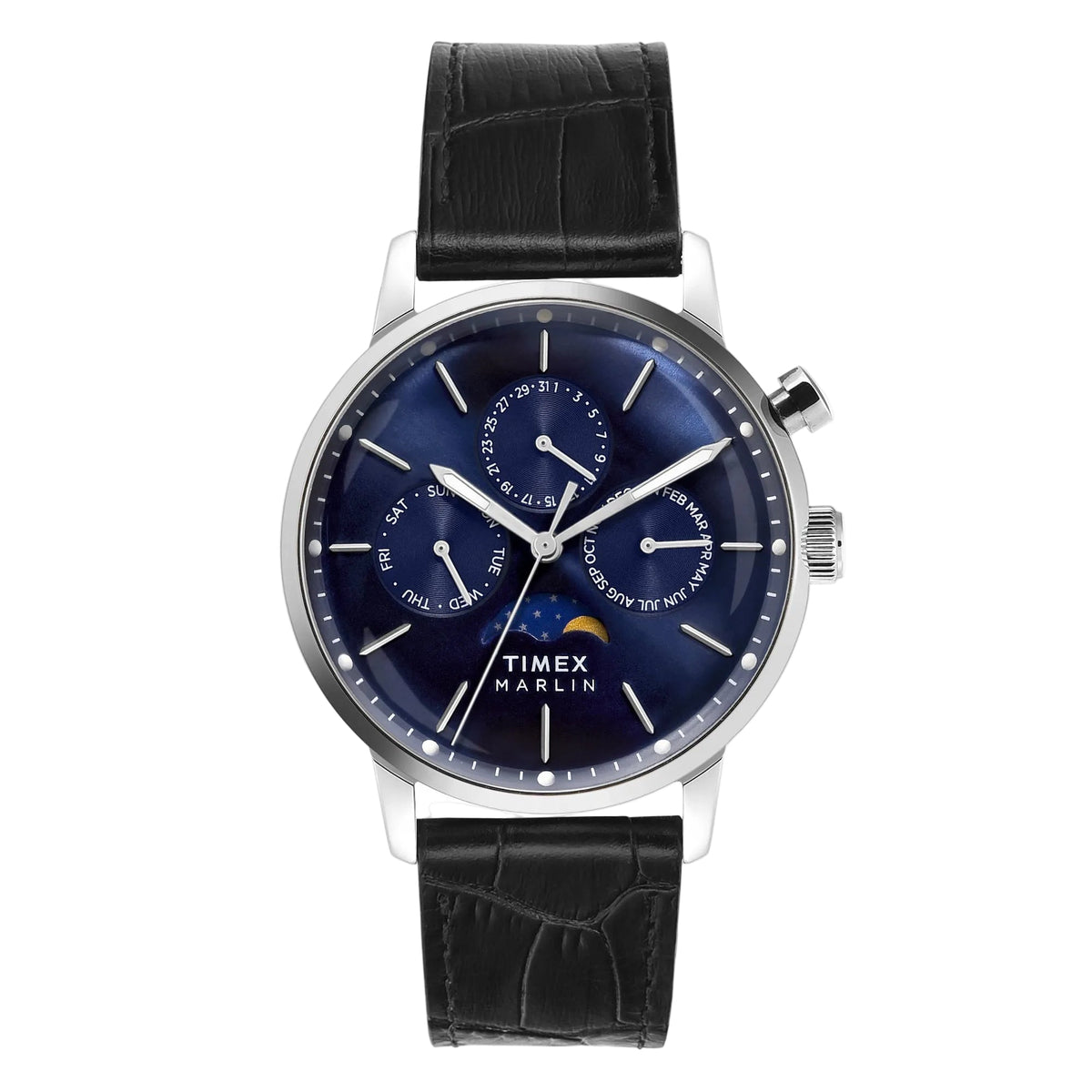 Timex Marlin Moon Phase Multifunction 40mm Navy Blue Dial Black Leather Men's Watch | Timex TWEG26803 - VERSE -