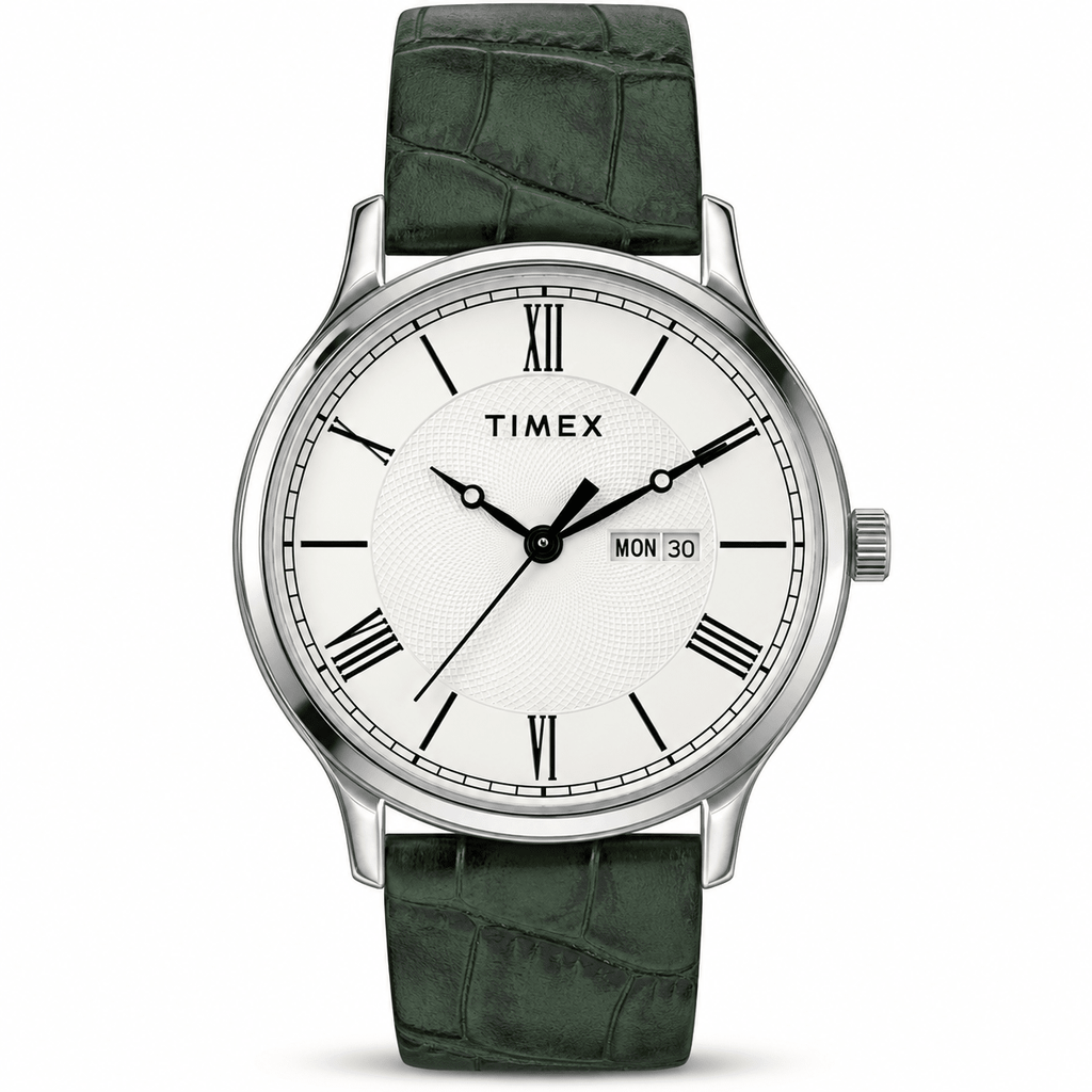Timex TWTG10510 Men’s Analog Watch – White Dial, Dark Green Leather Strap| Timex TWTG10510 - VERSE -