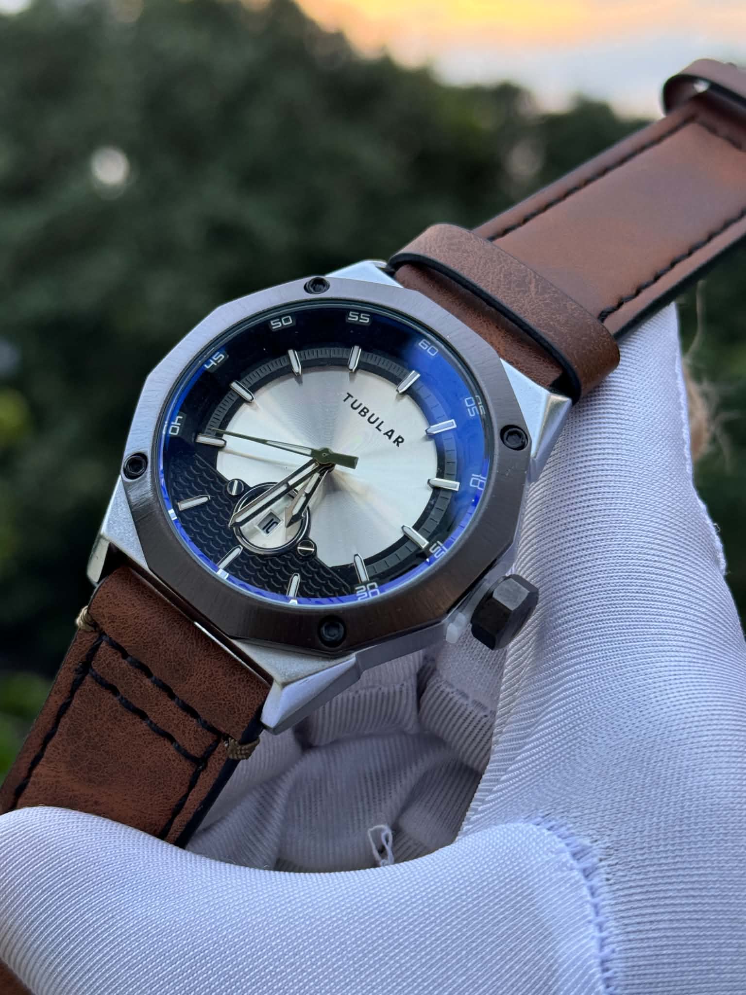 Tubular Caramel Brown Belt Gunmetal - Silver Case Guilloché Champagne Silver Dial - VERSE - 