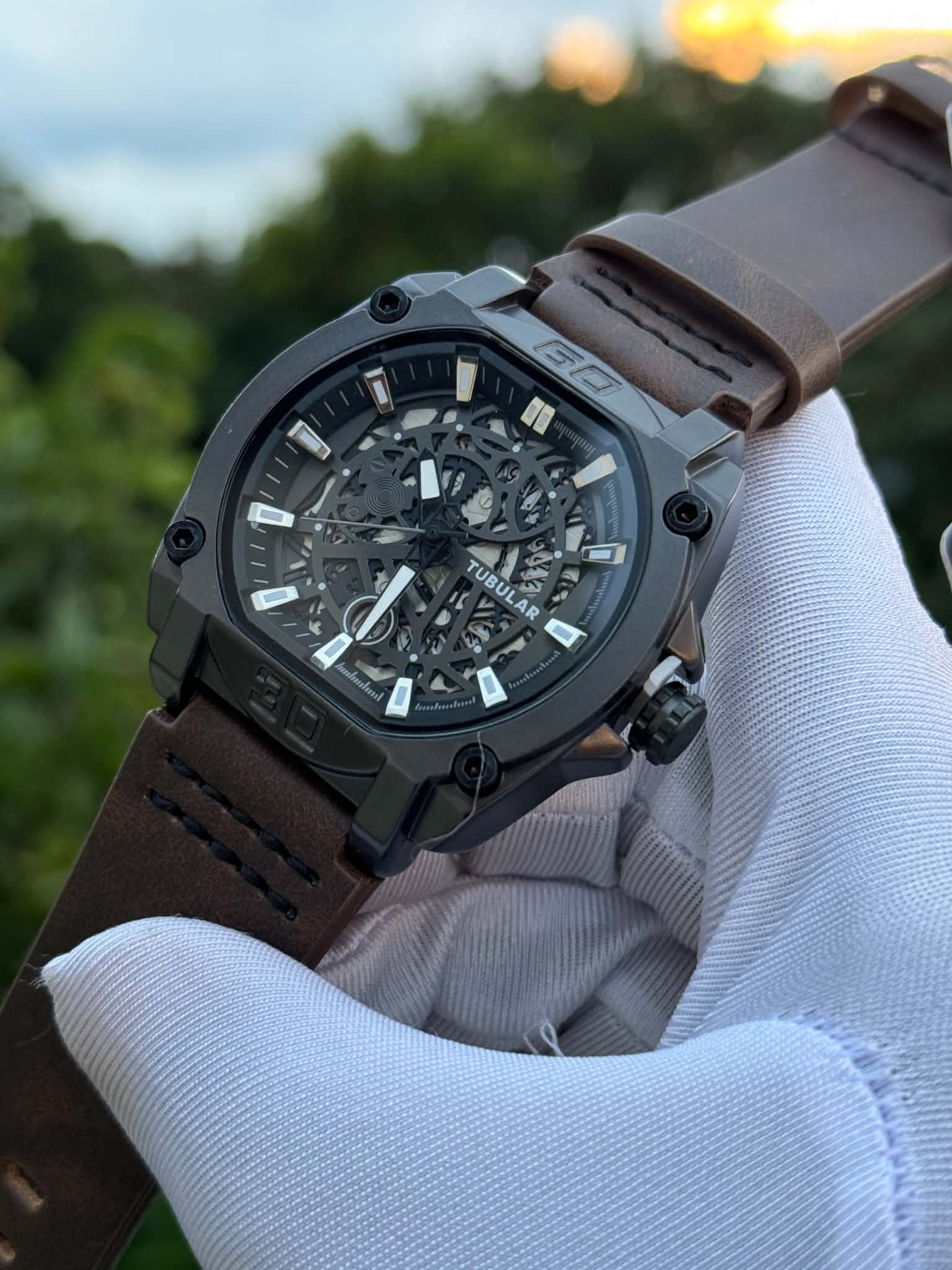 Tubular Square Gunmetal Case Mocha Brown Belt Skeleton Dial Silver Digits - VERSE - 